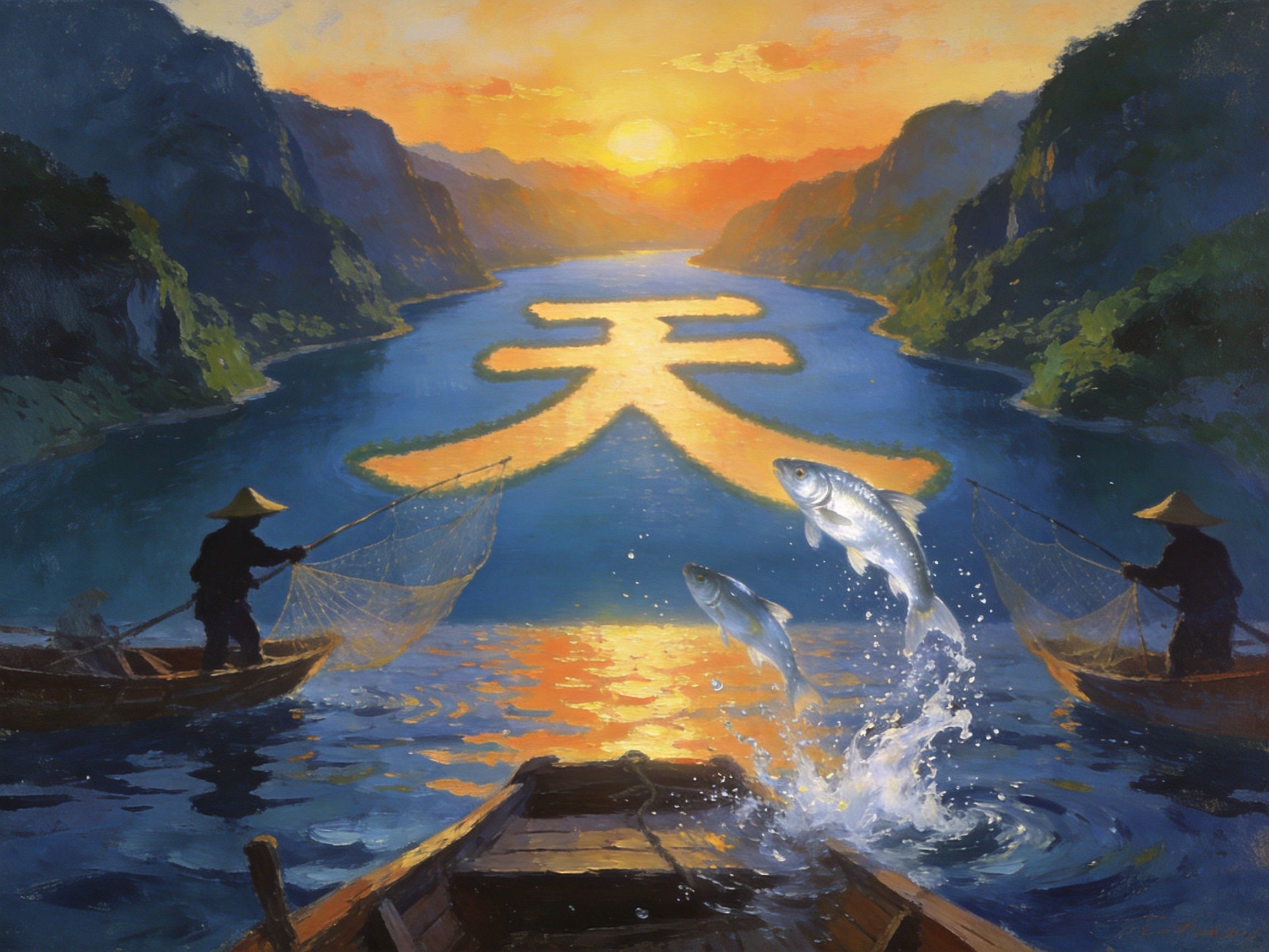 天子湖晨渔银鳞