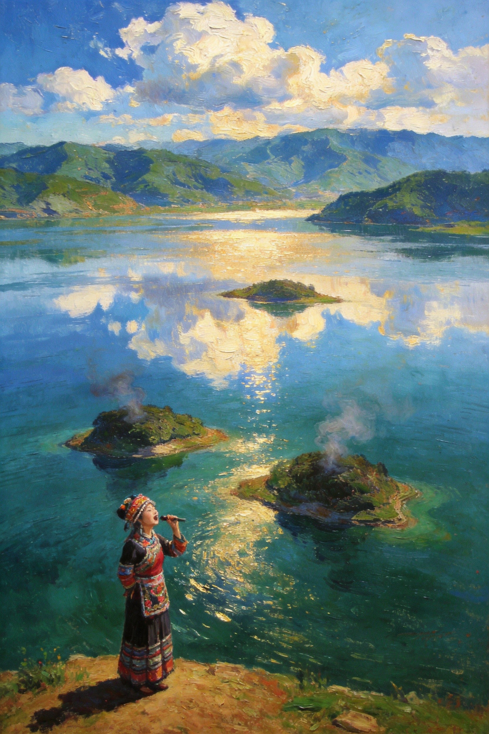 歌声穿浪，万竿芦苇弯腰