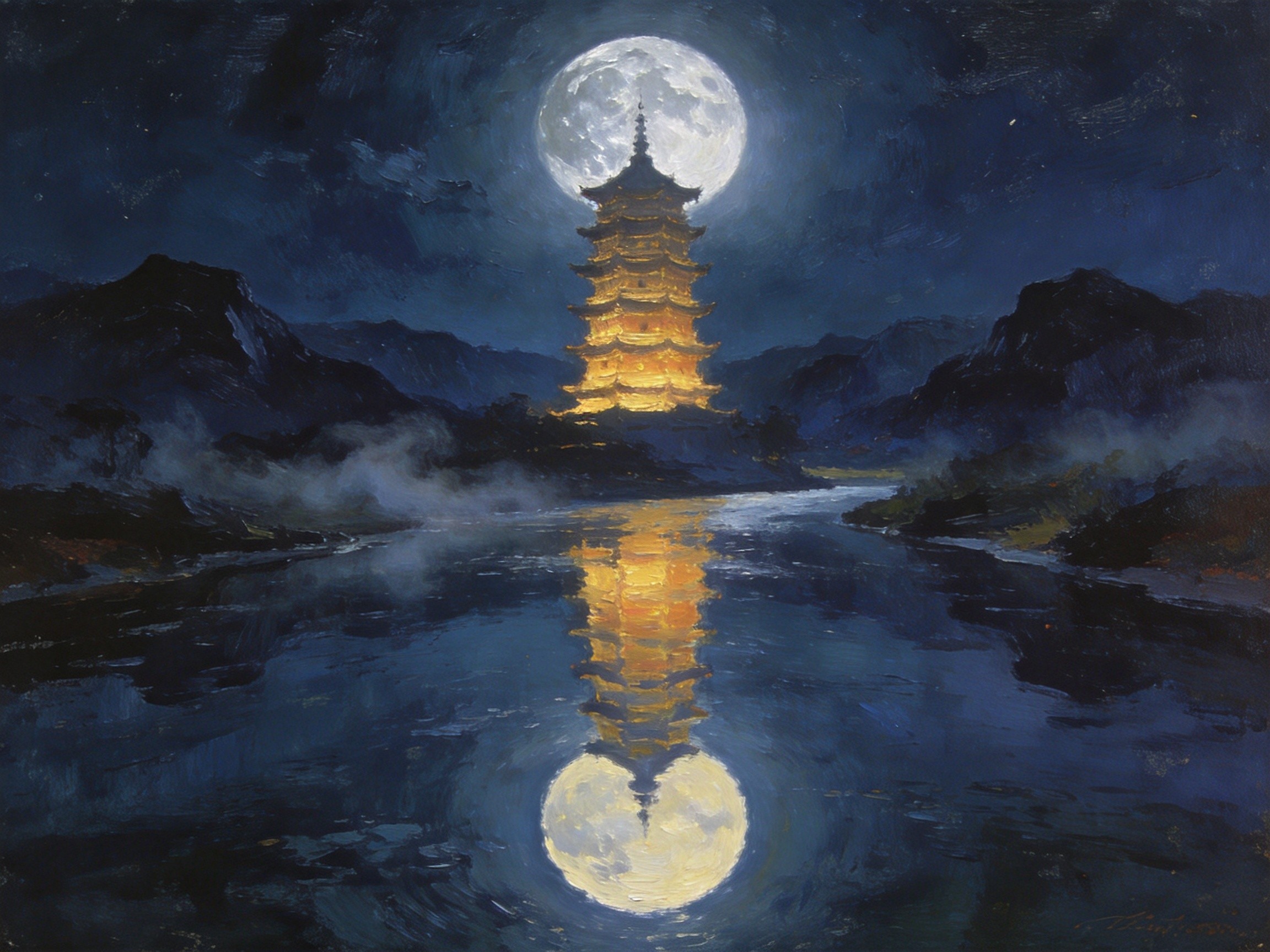 慧光塔影横江的月色画卷