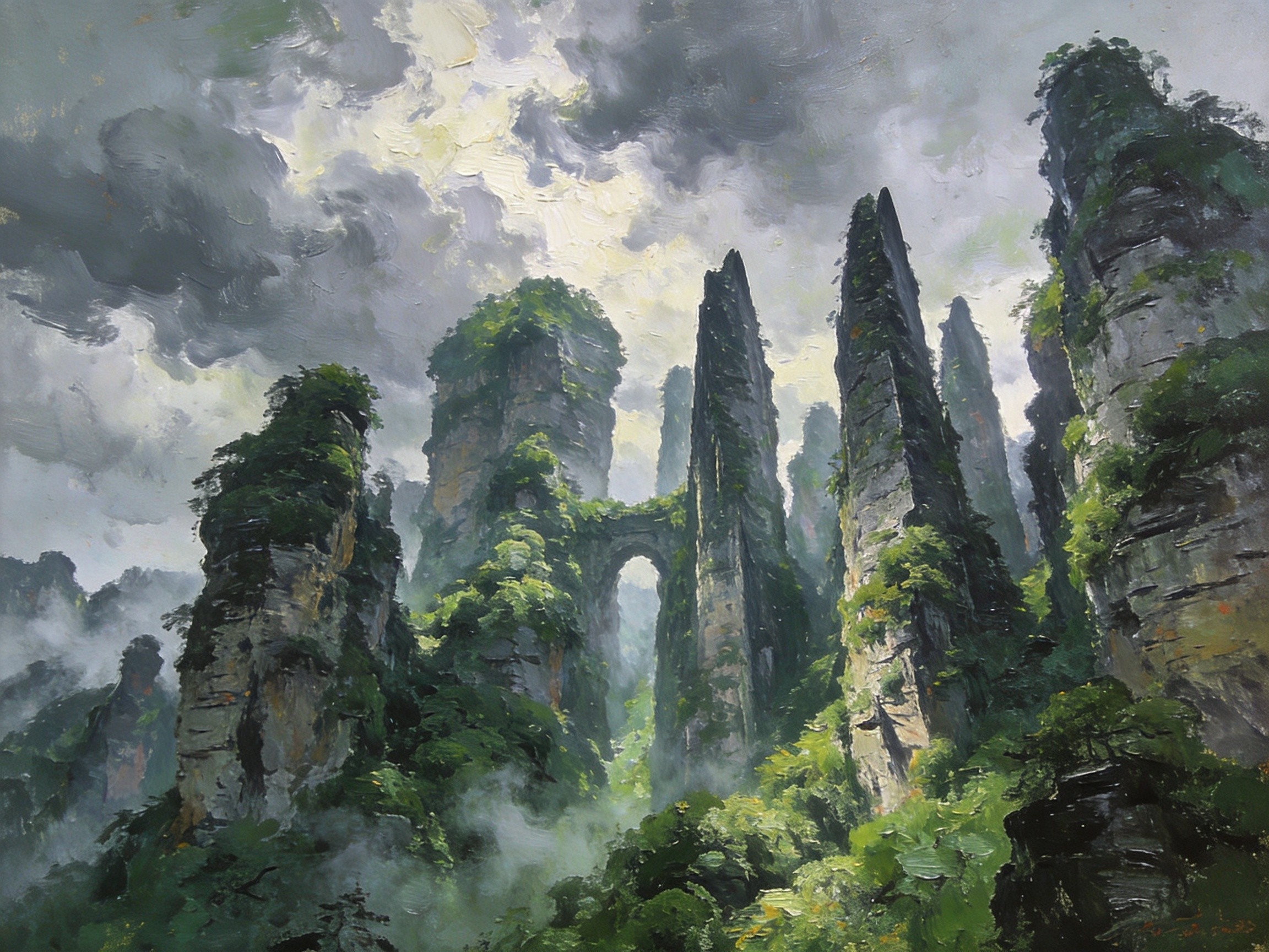 黄鹤桥峰林如剑列，云雾缭绕仙境