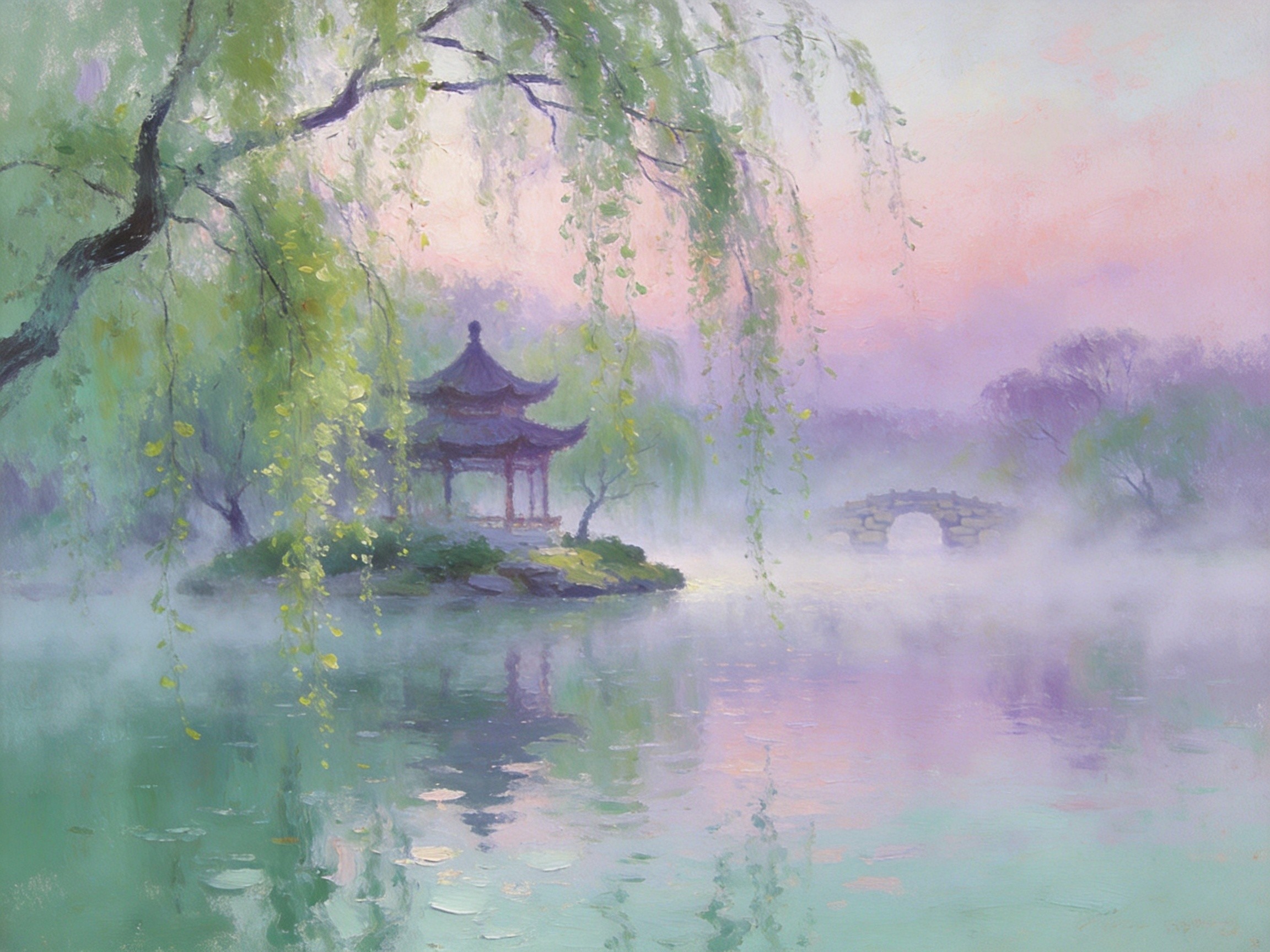 慈湖畔晨雾与师古亭