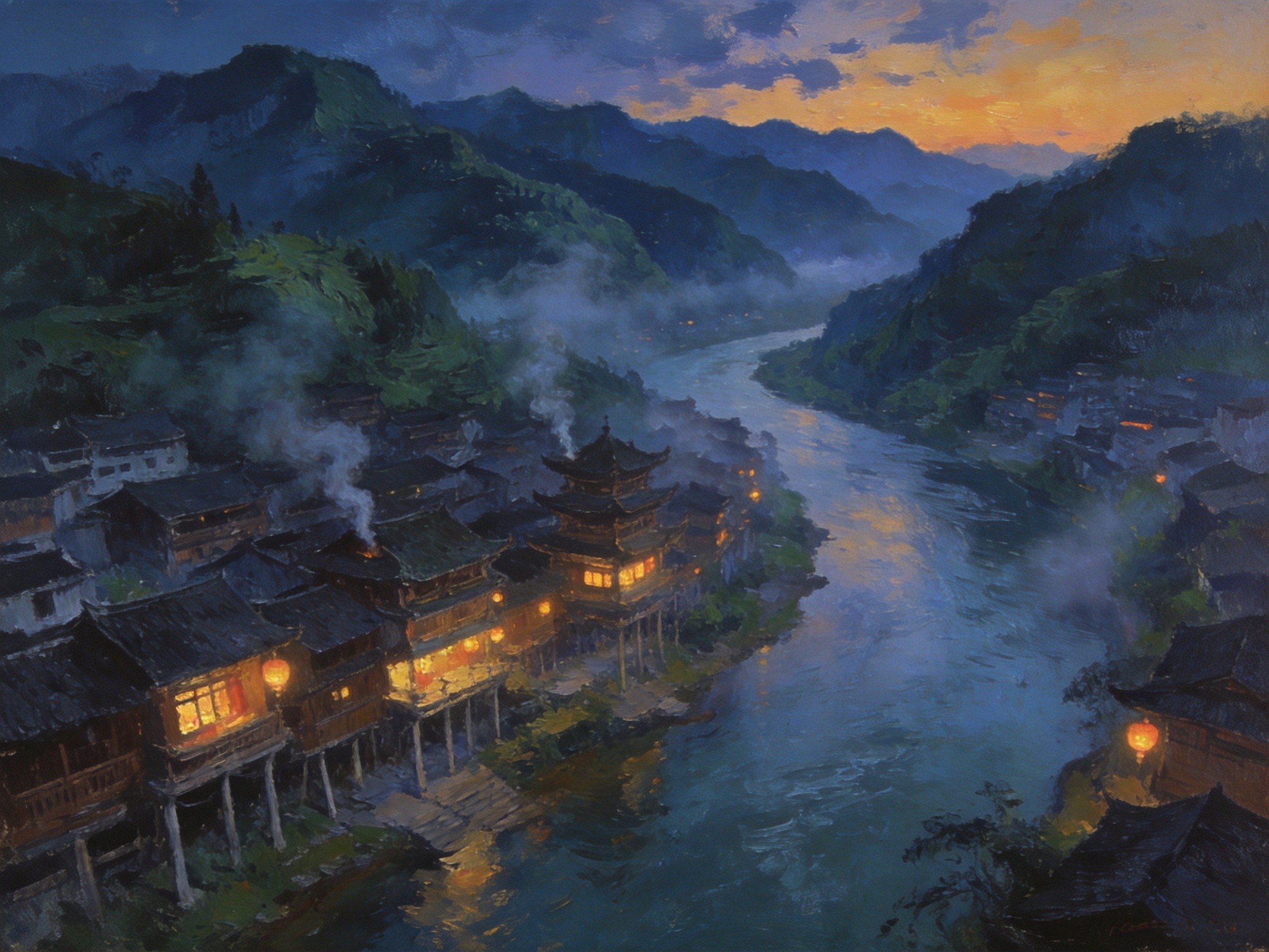 阿蓬江暮色烟波