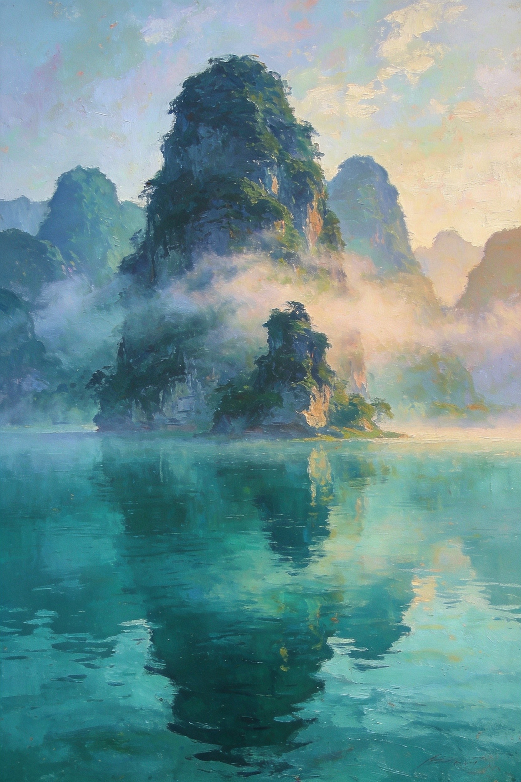 孤峰立于碧湖·晨雾缭绕