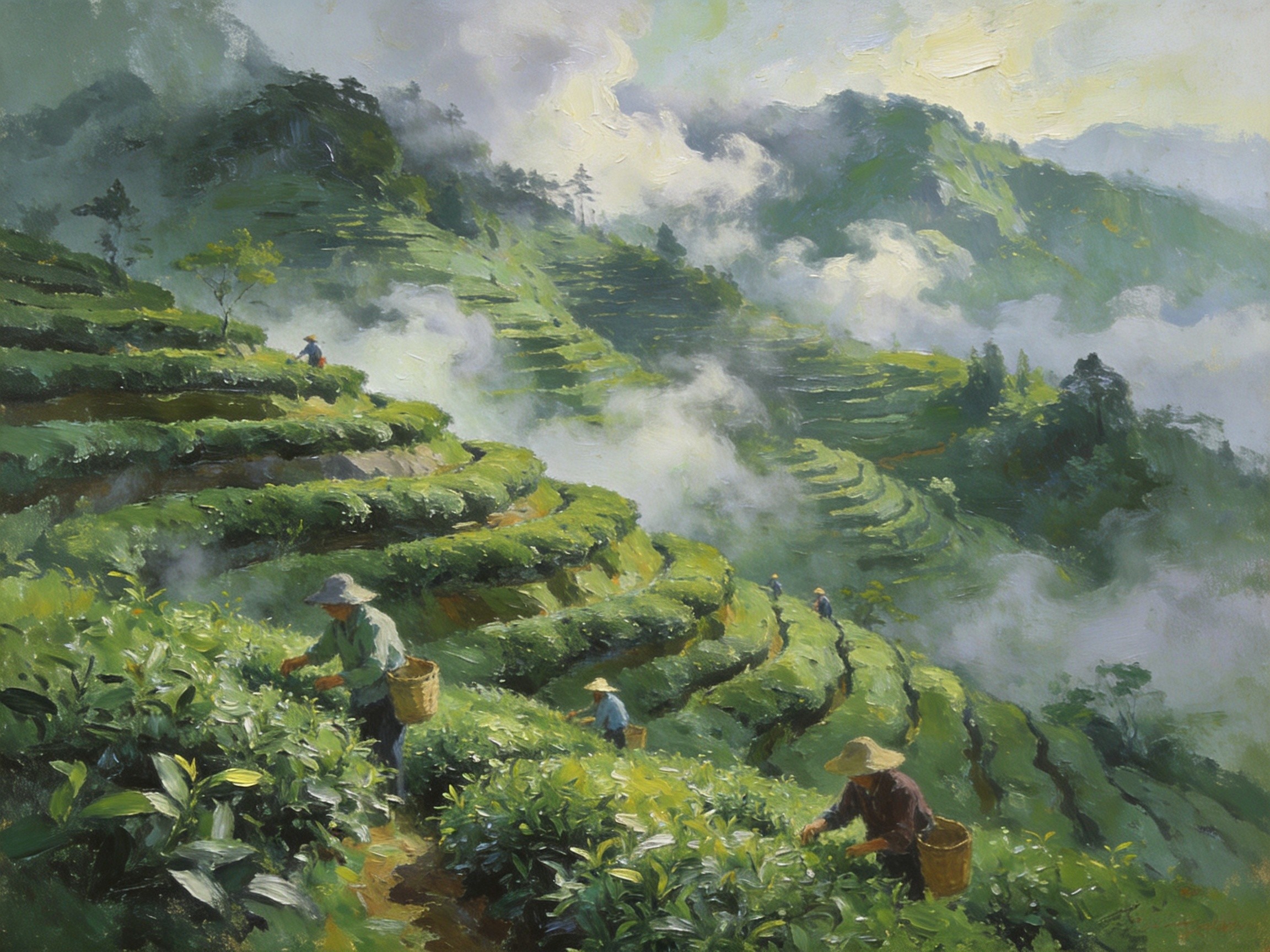 乌云山层叠茶园，云雾中茶农采茶