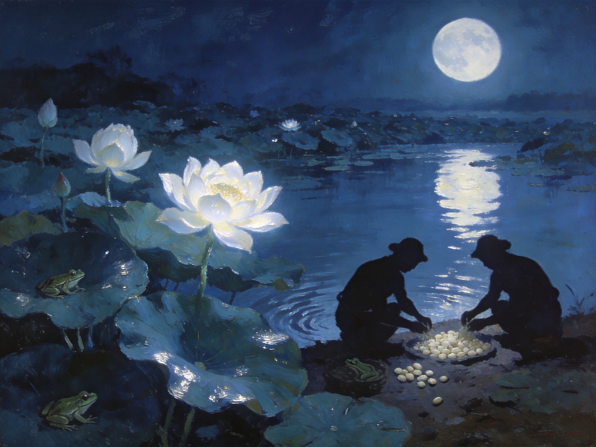 月夜下的莲田与古村落