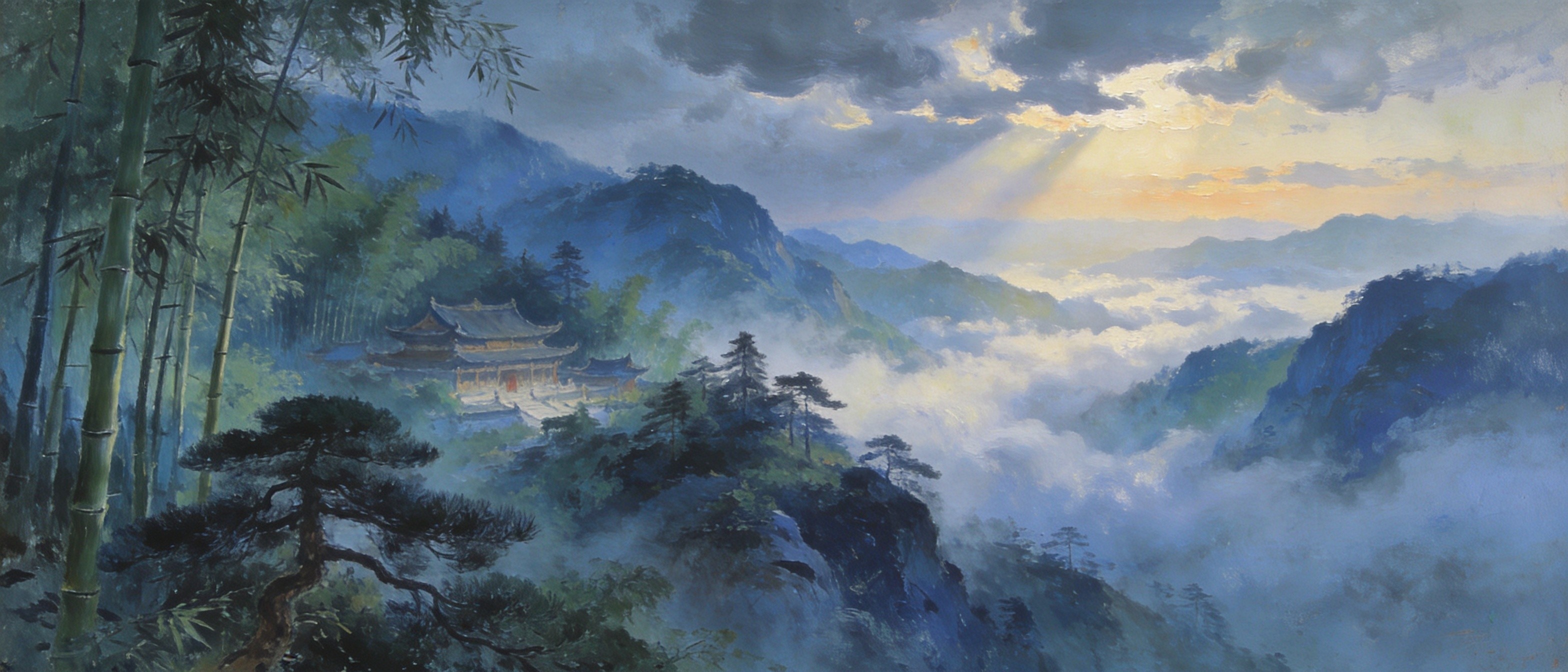 灵山竹海中的保国寺晨景