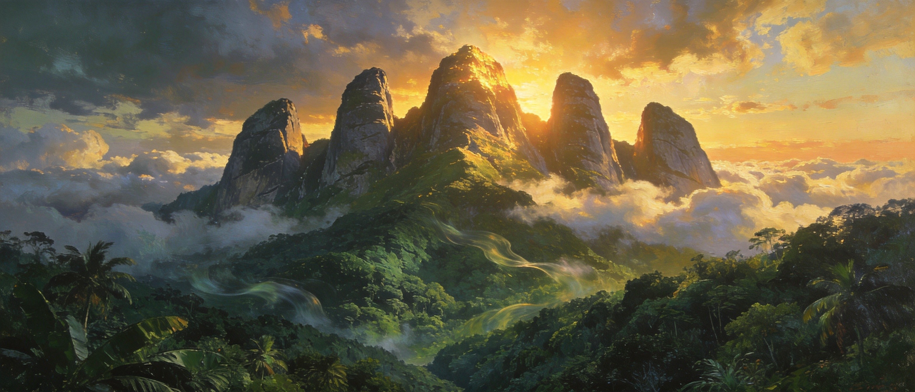五指山主峰云雾缭绕的晨曦全景
