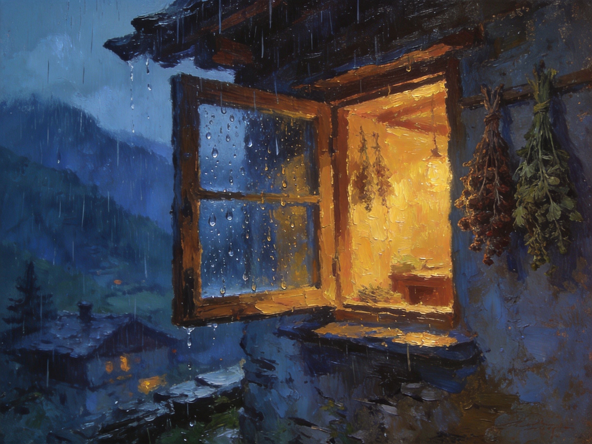 巴山夜雨中灯光温暖的药乡小屋