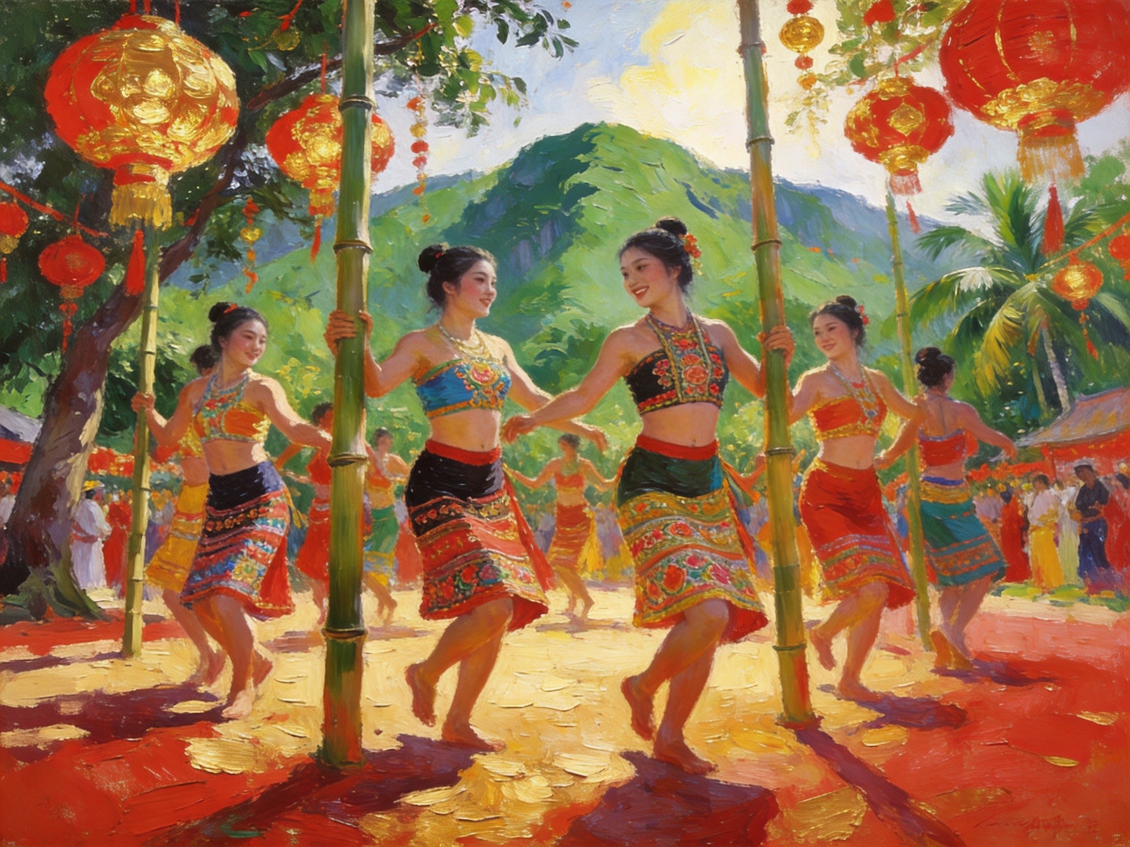 黎族少女身着筒裙织锦的三月三节庆