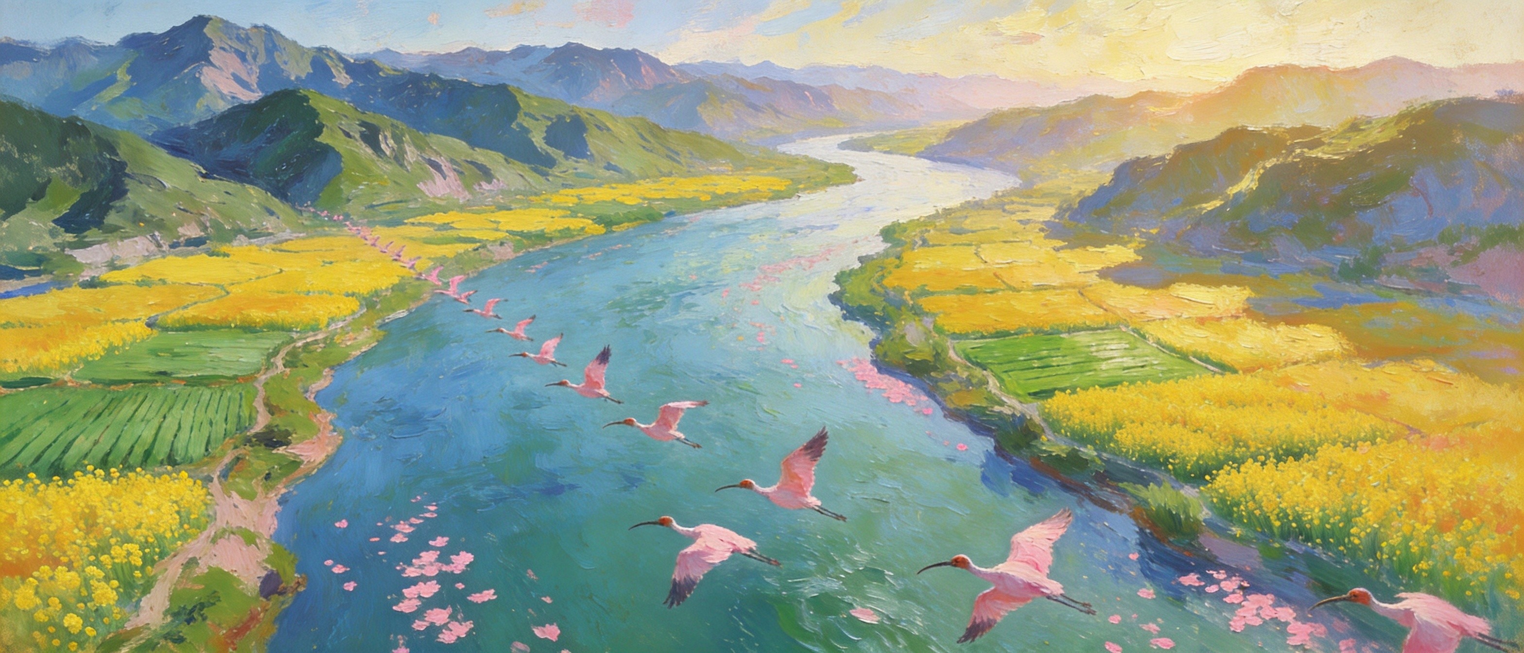 洋县全景：朱鹮飞翔在汉江碧水青山间