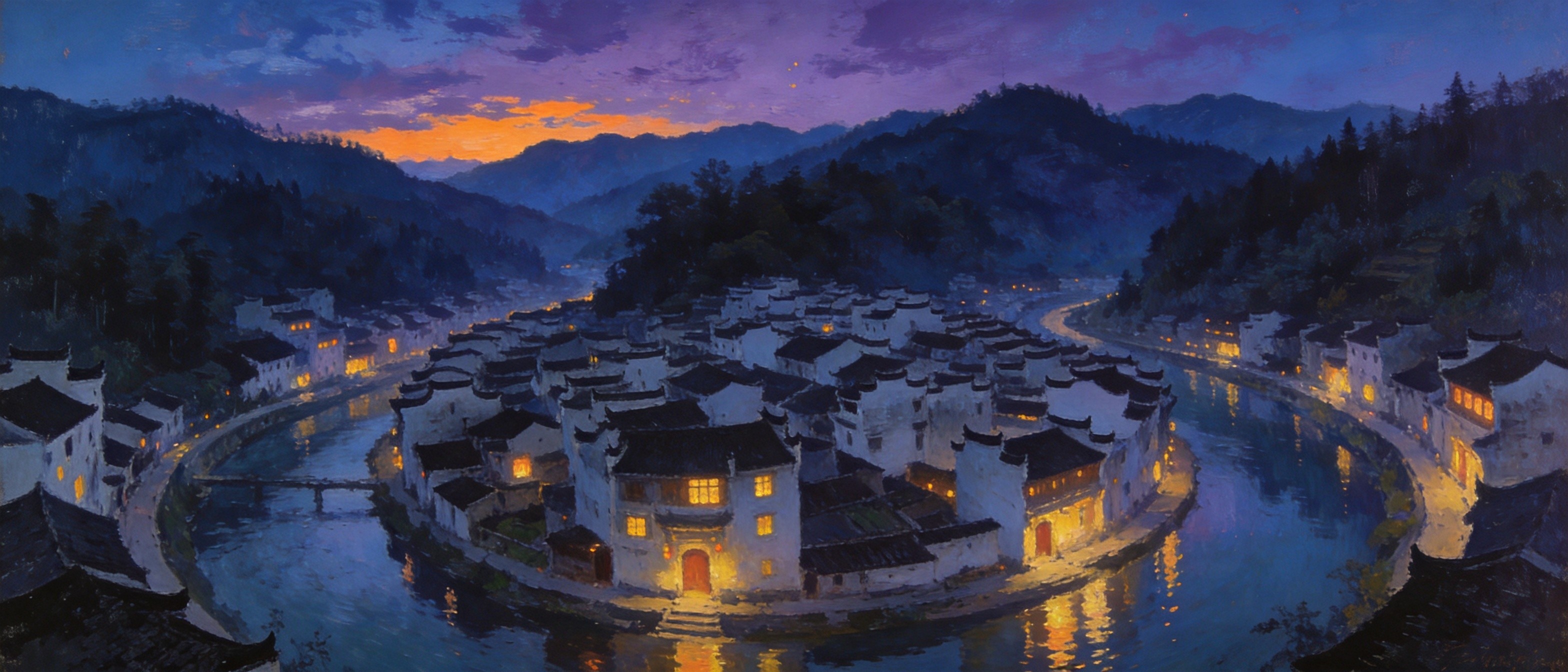 暮色中的绩溪古村全景