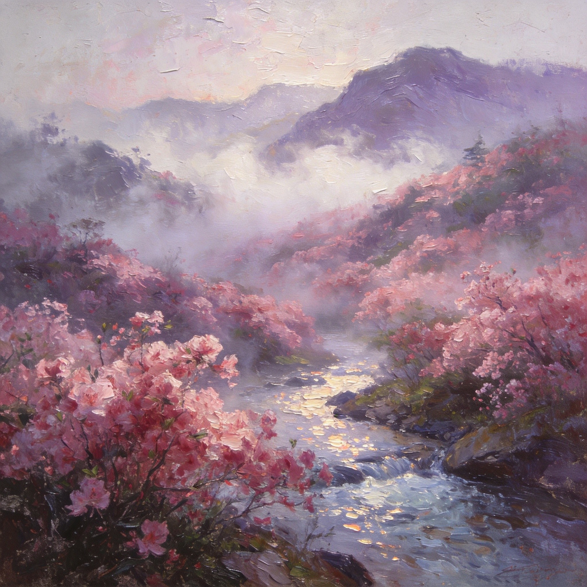 杜鹃花开晨雾