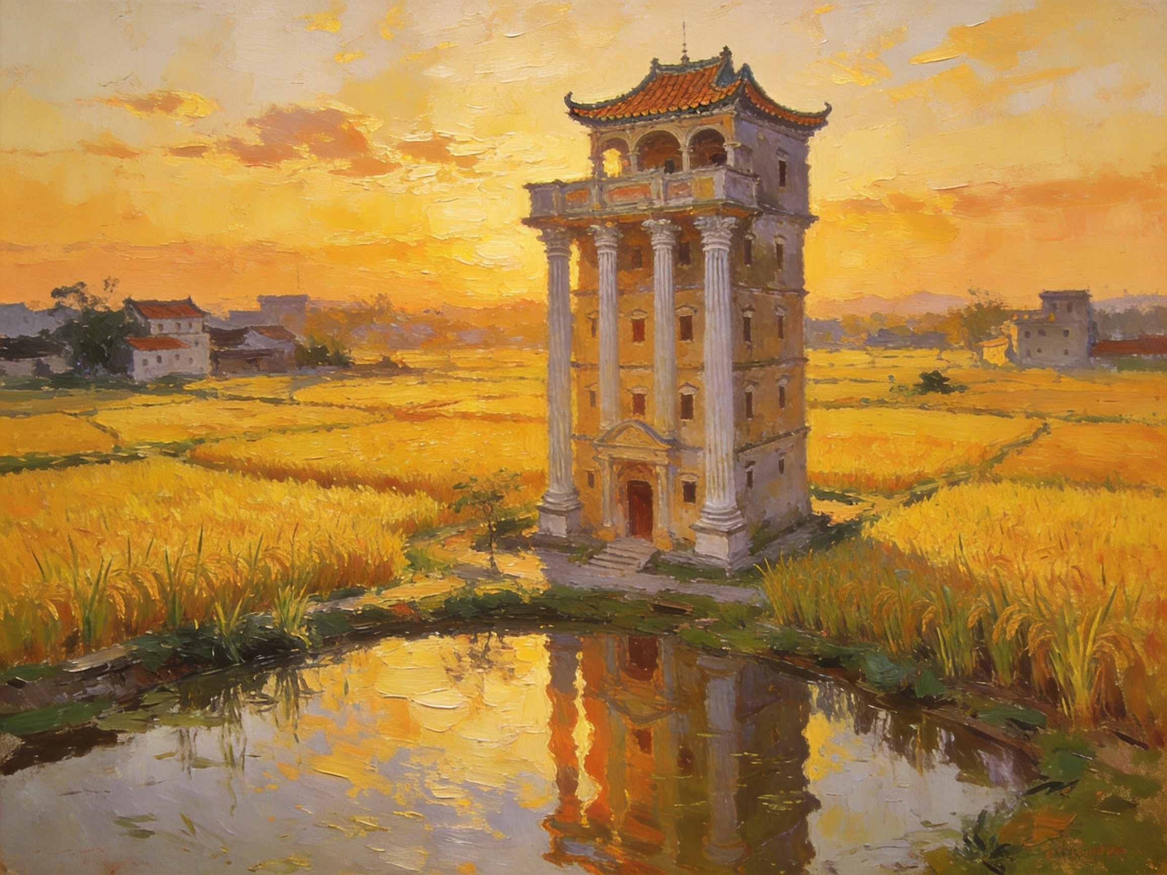 台山碉楼稻田夕照