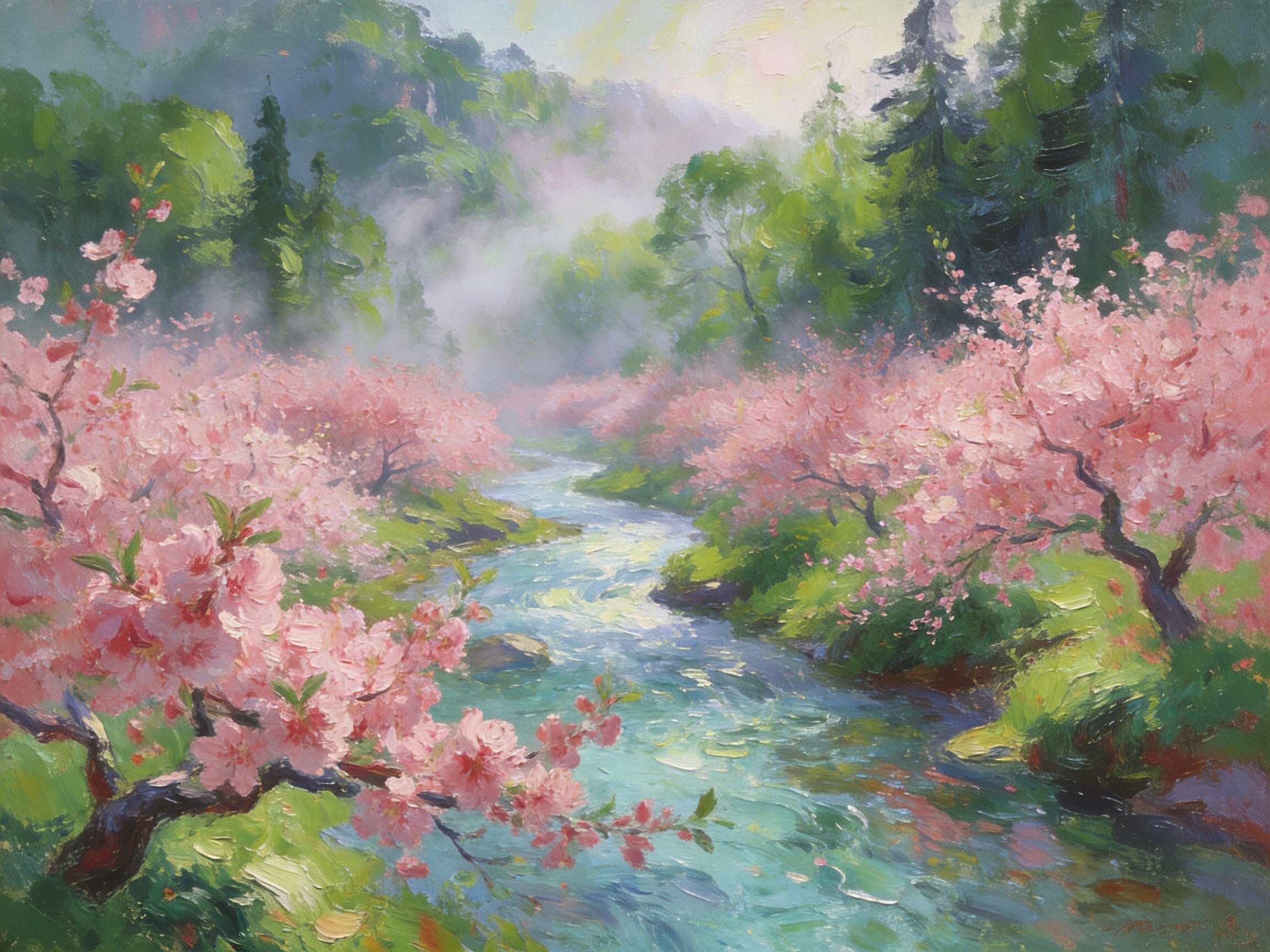 桃花冲十里桃花溪，碧水夹岸桃花盛开