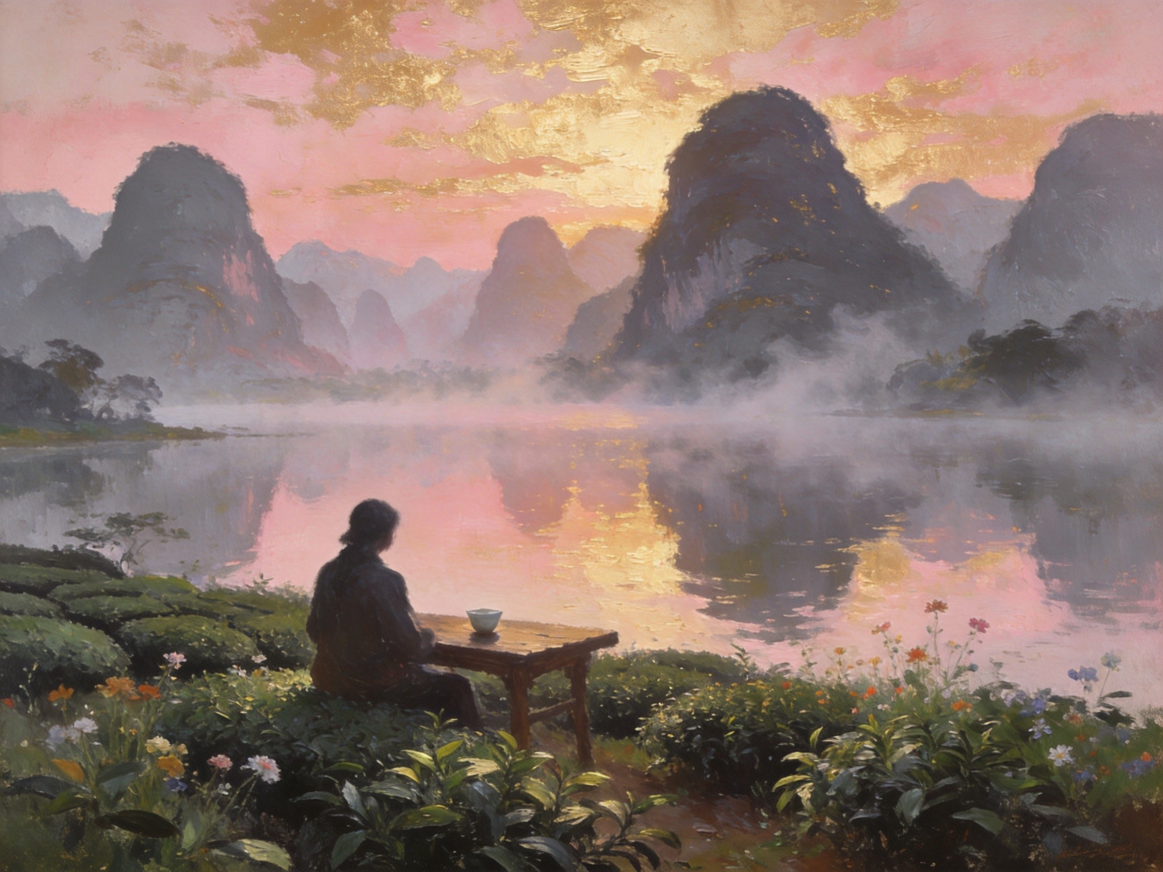 峰林月色下的茶园夜景