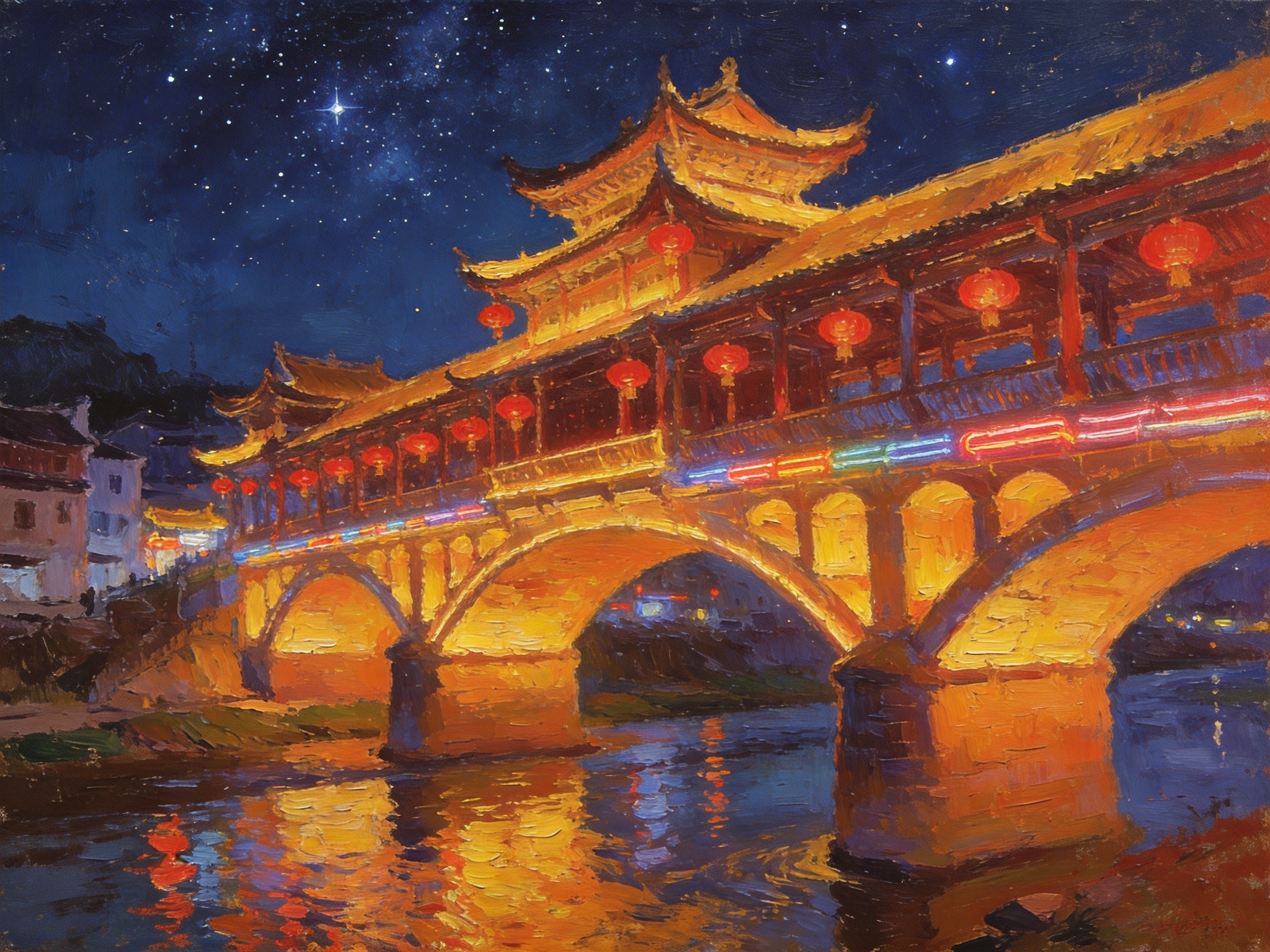 汉风廊桥夜景灯火倒映牧马河