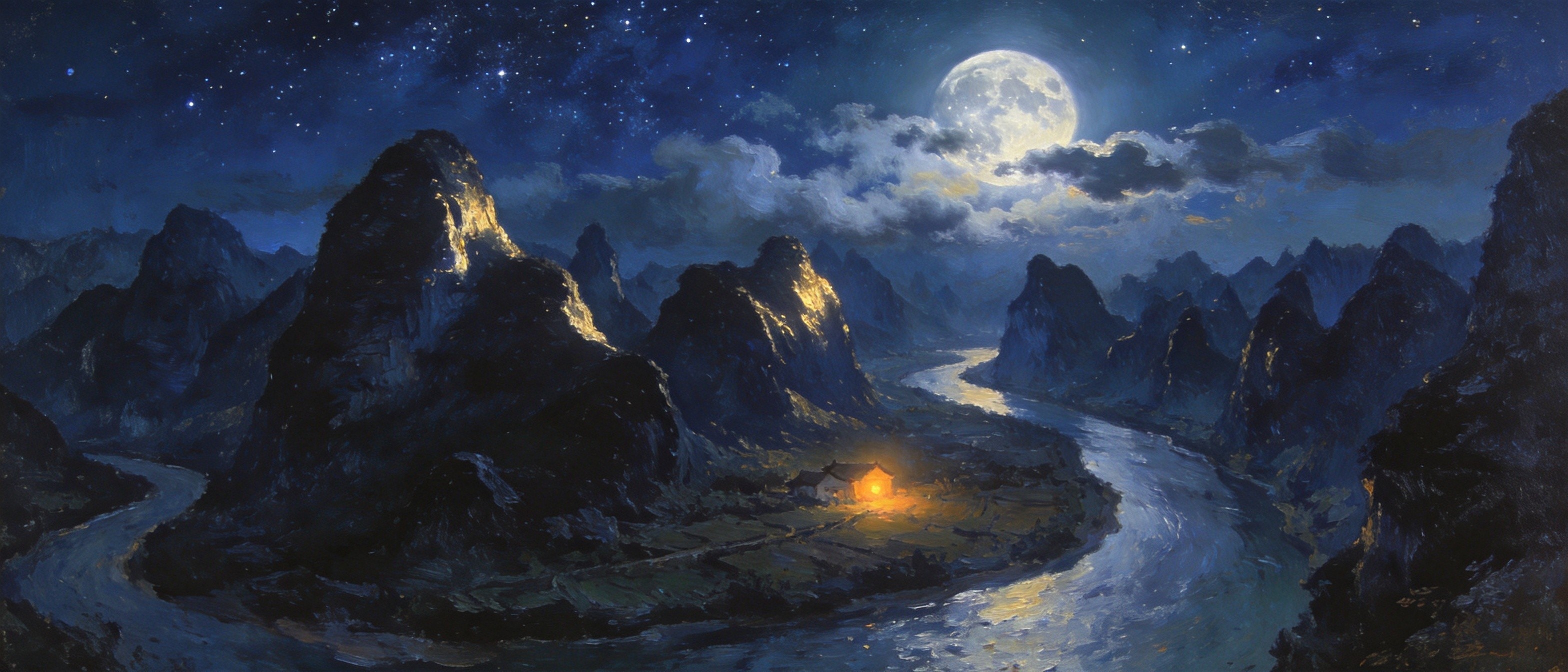 月夜任河云海秋山