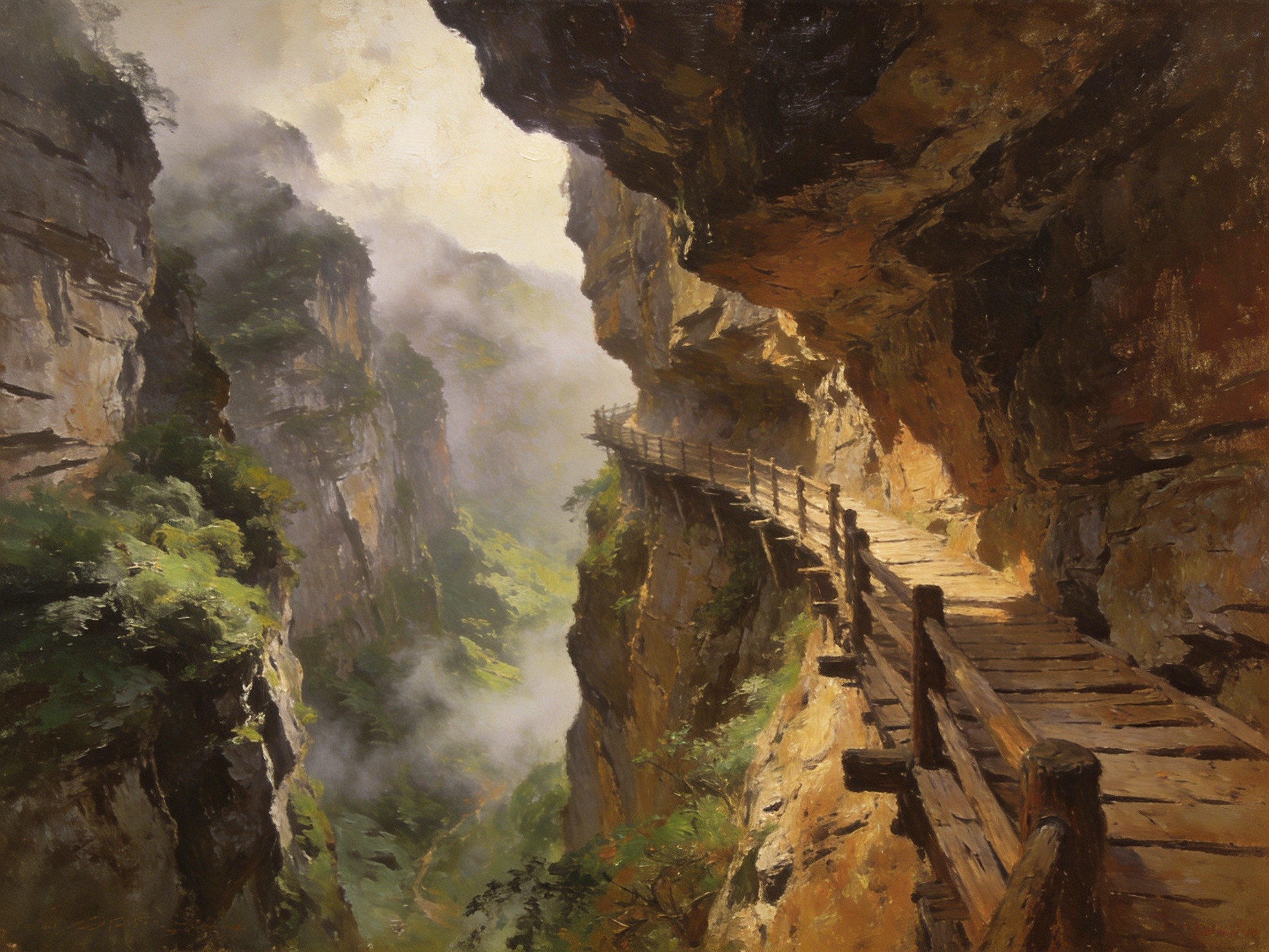 古蜀道米仓道险峻的栈道蜿蜒山间