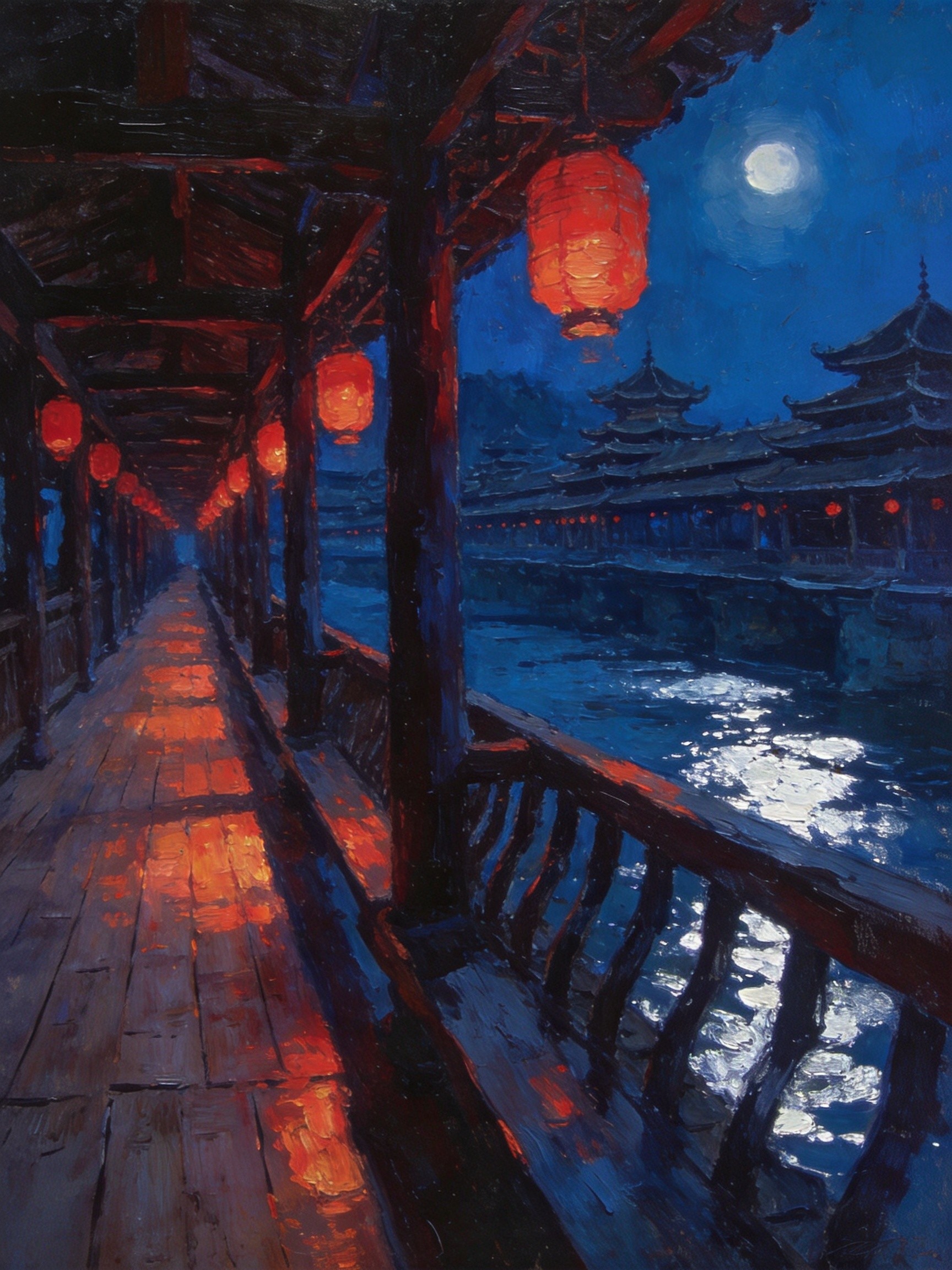 暮色中风雨桥红灯笼的温暖光芒