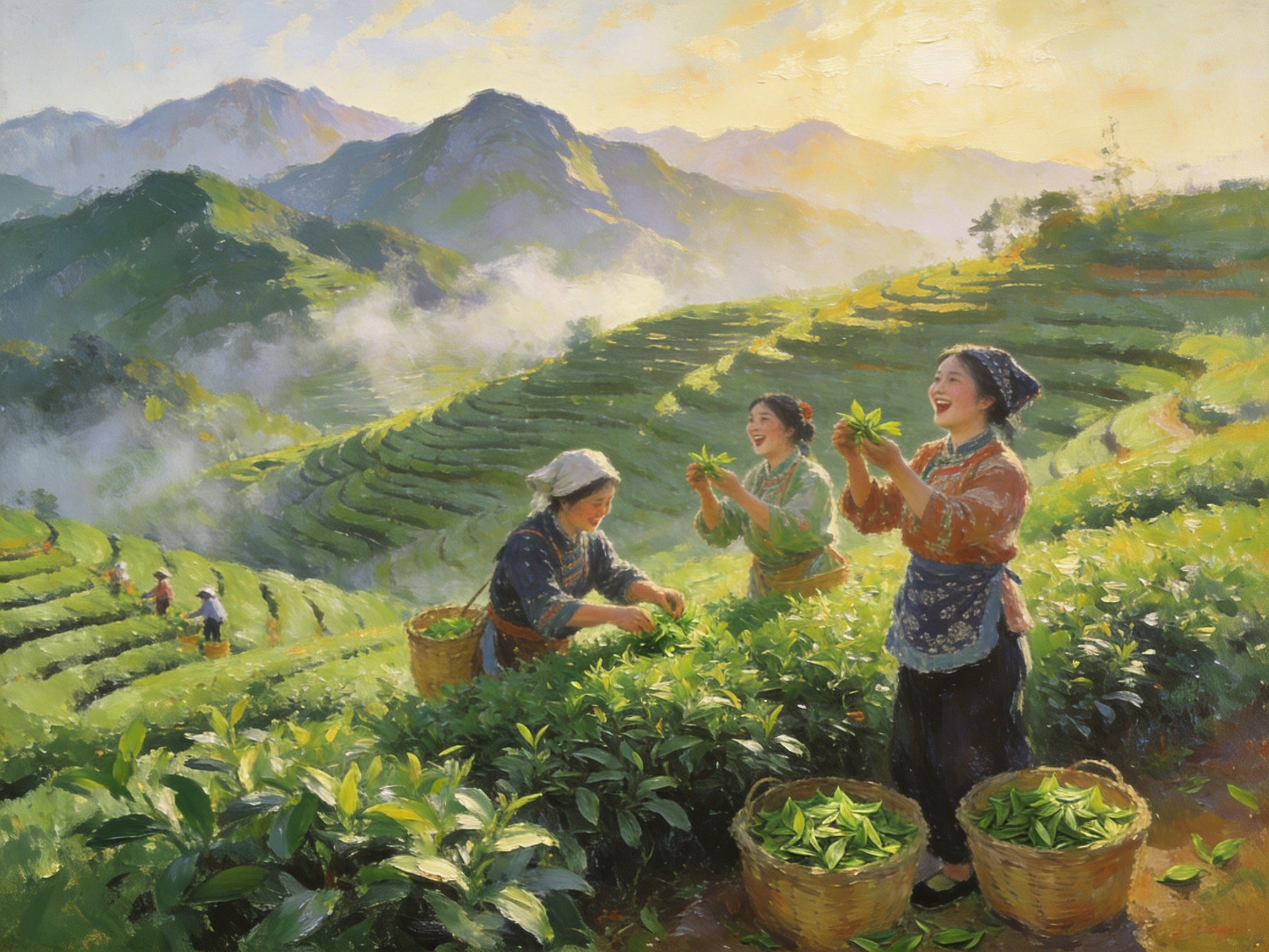 英山茶谷中采茶歌飞扬，茶篓满载