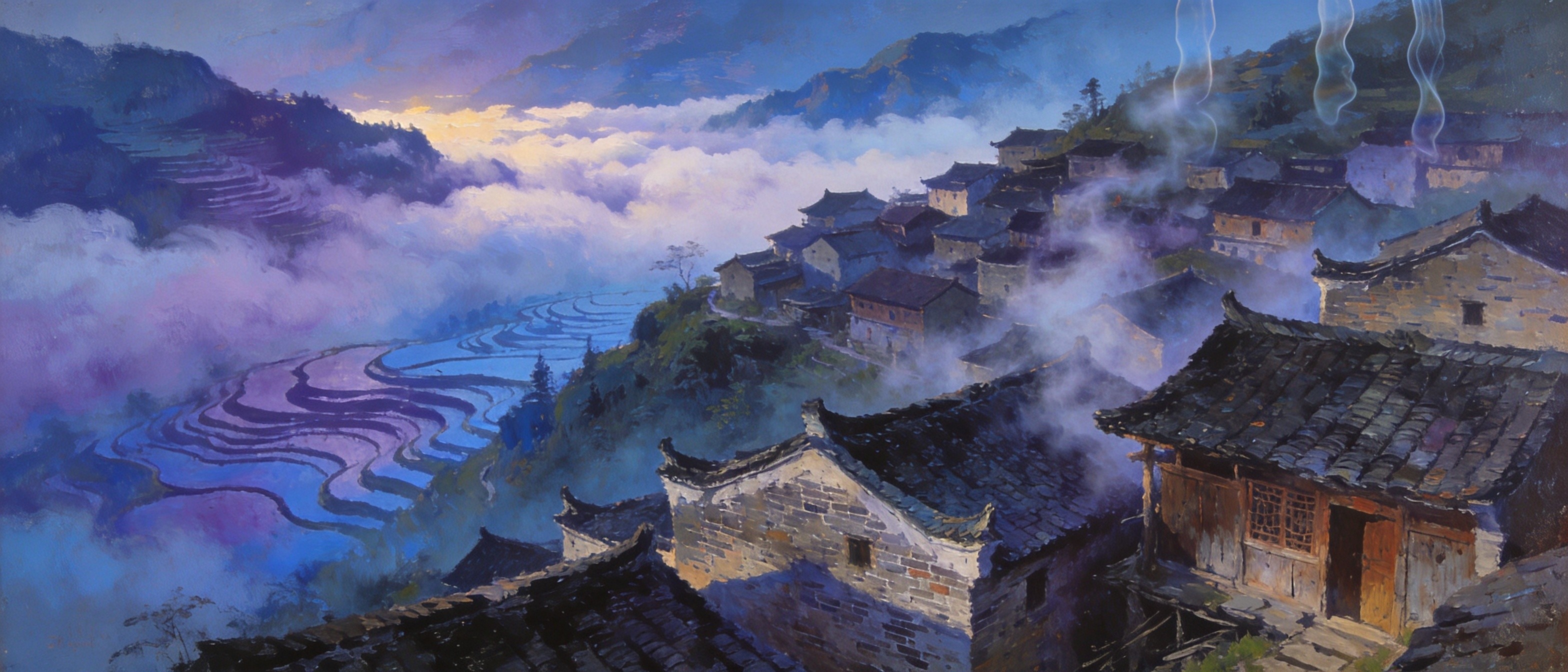 吊脚楼火塘暮烟