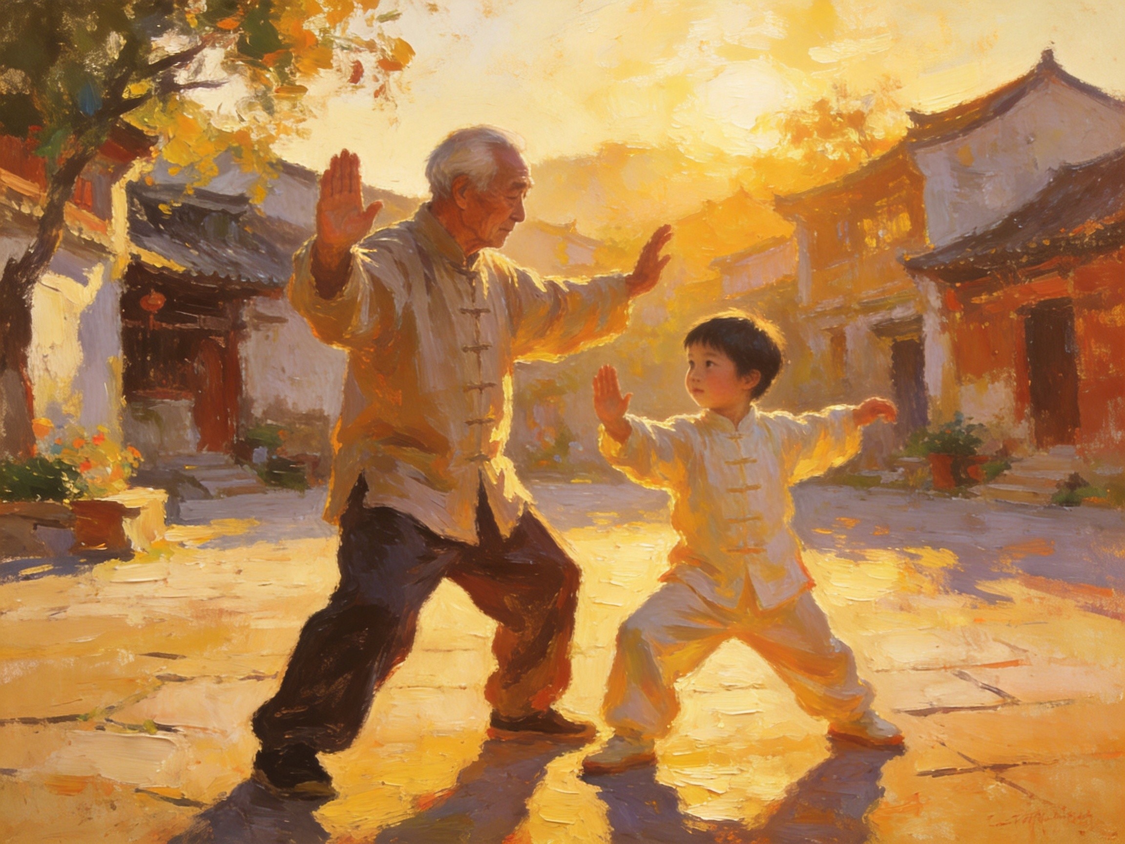 温县晨光中老少同练太极拳，和谐温馨