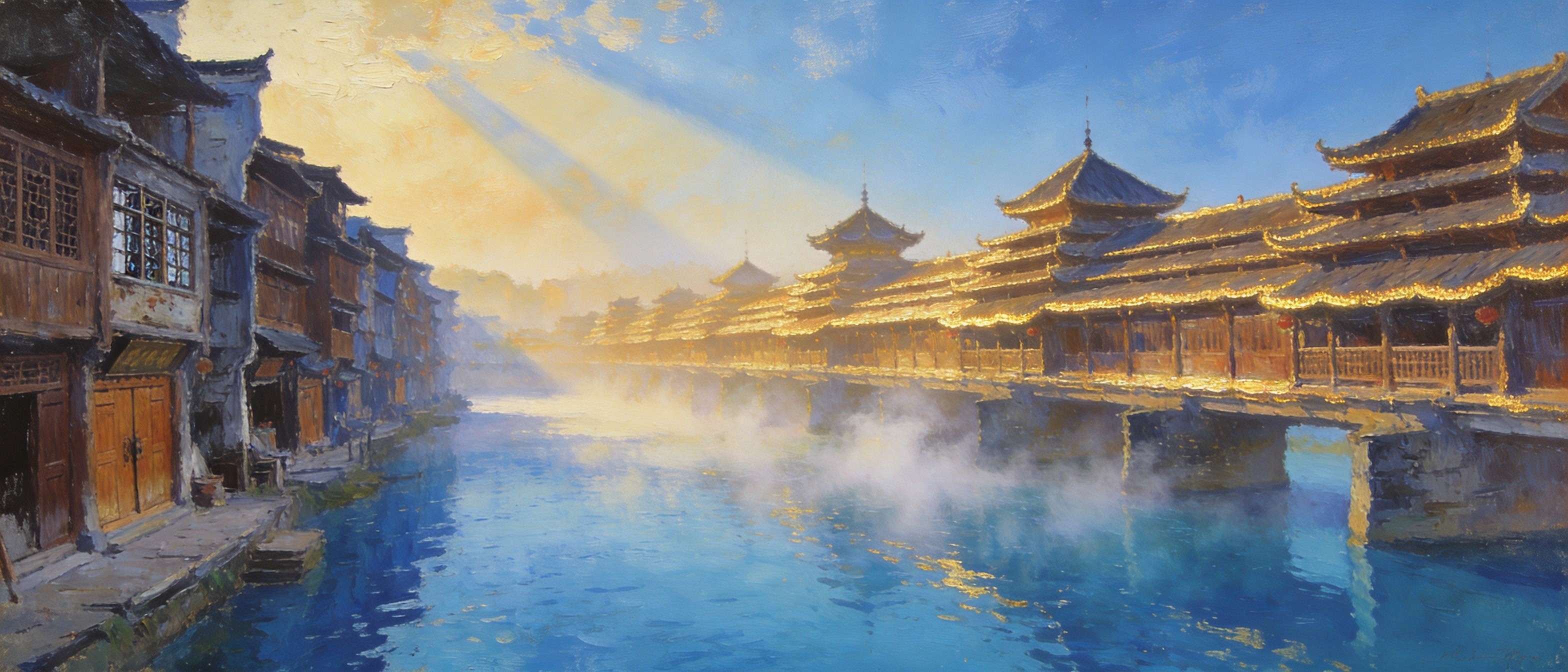 㵲水河晨雾烟波中的画境