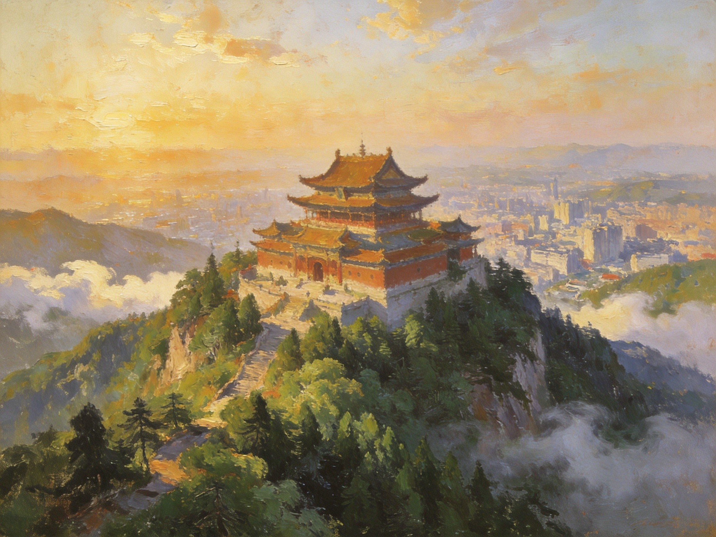 唐梓山道观远眺枣阳