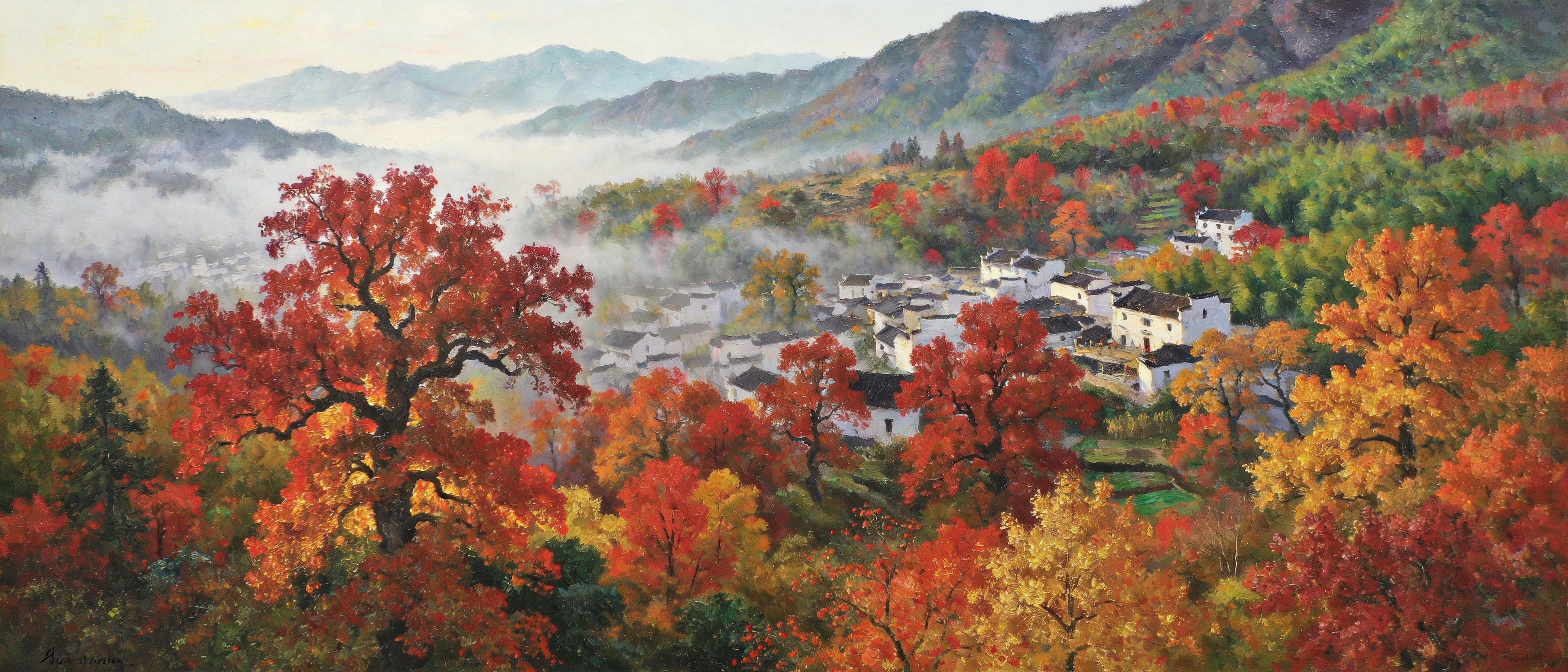 塔川秋色与乌桕红叶