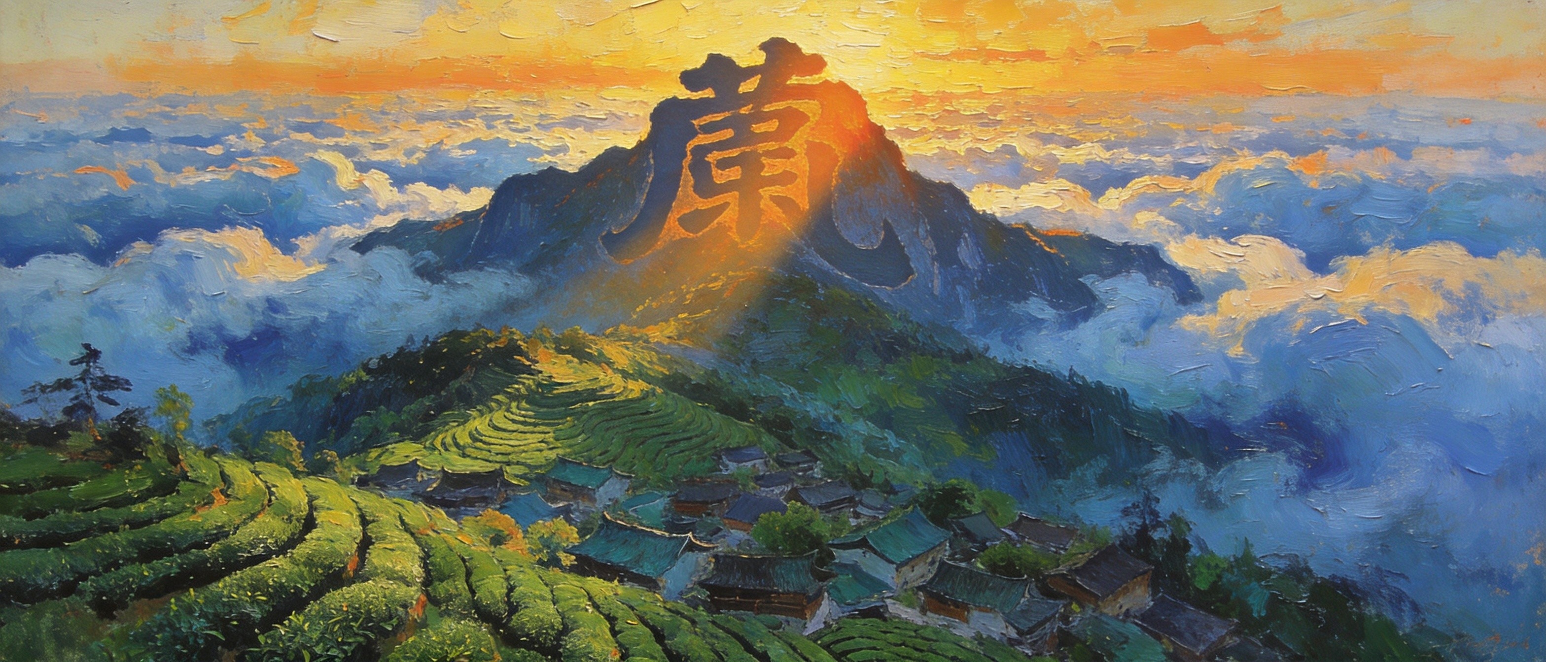 吕洞山晨雾中的黄金茶园