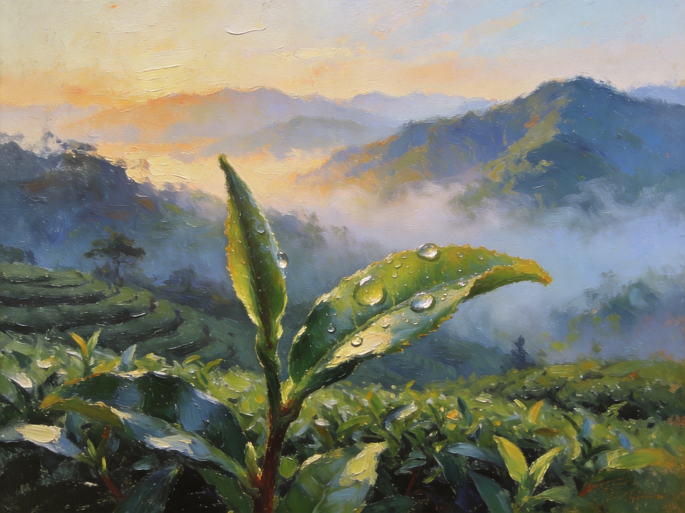 英山茶园晨雾中，一片茶叶承山露