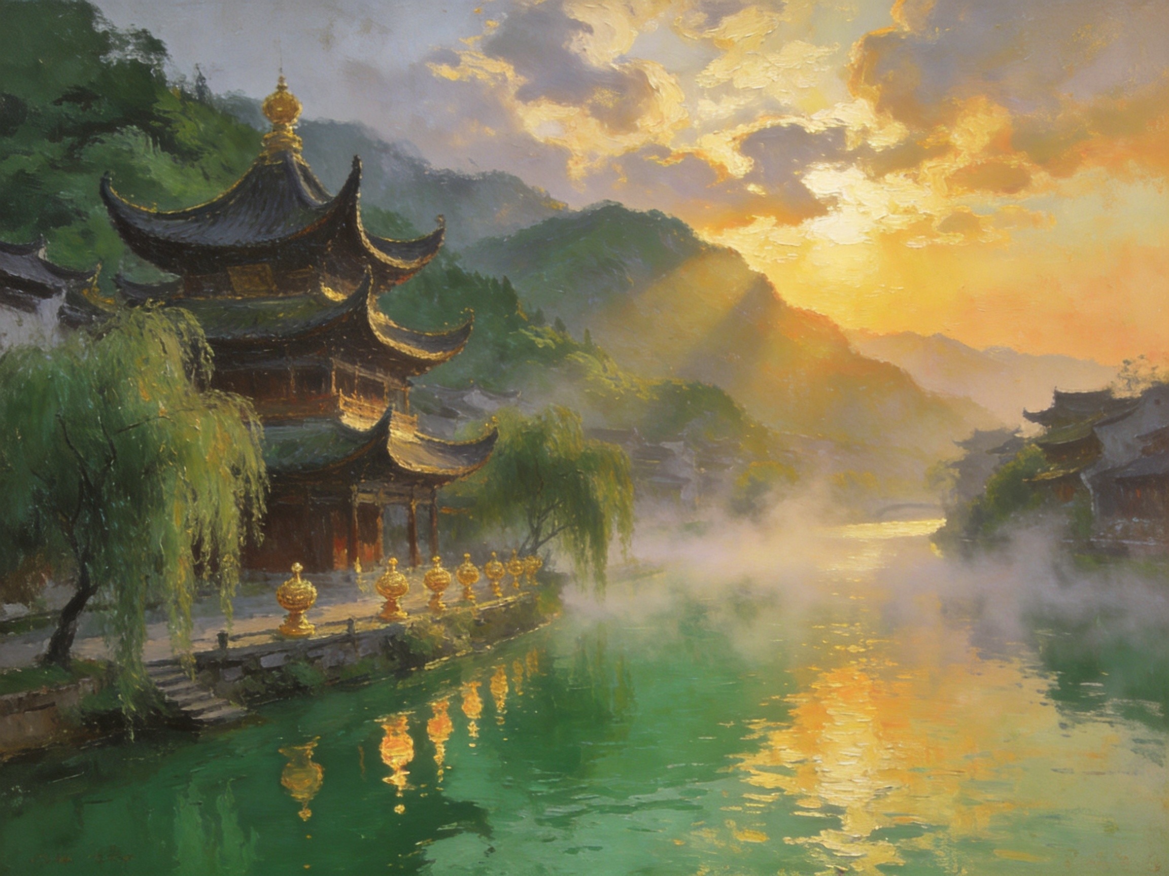 曹娥江晨雾与曹娥庙