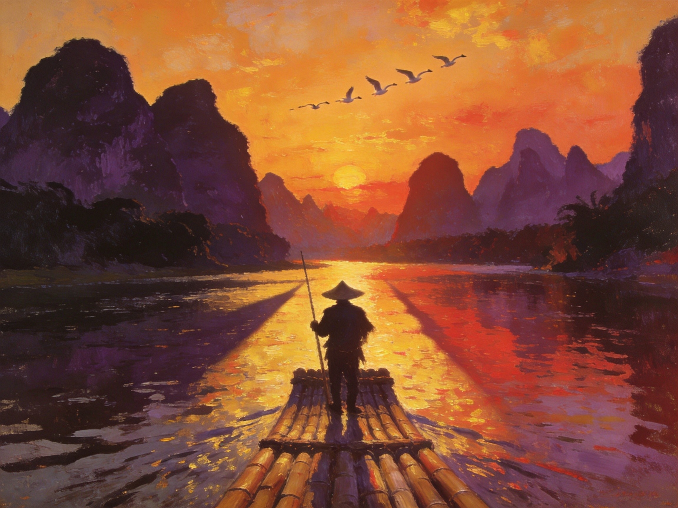 贝江竹排夕阳远去·油画意境