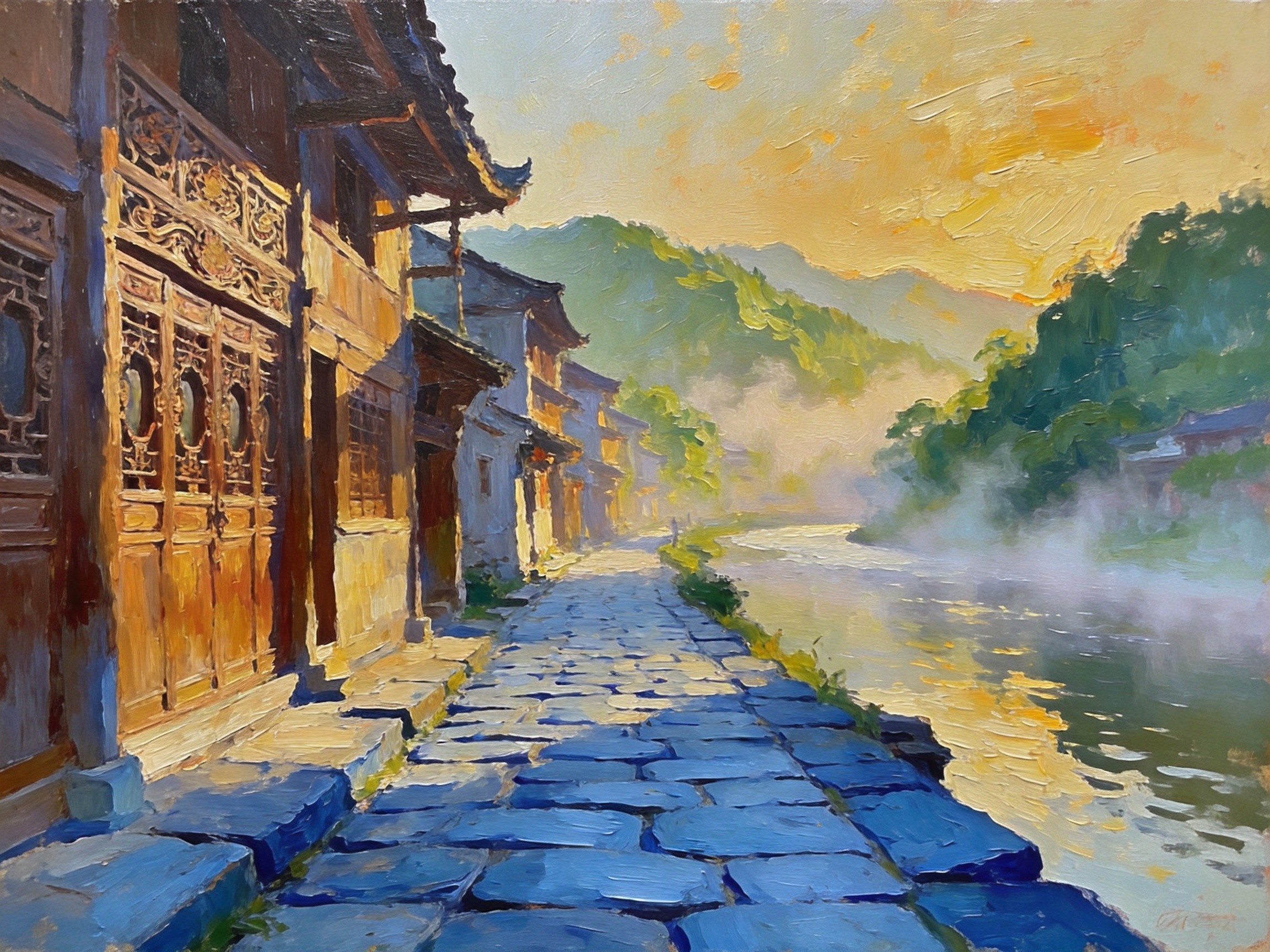 骆家坝明清古镇老街沿牧马河而建