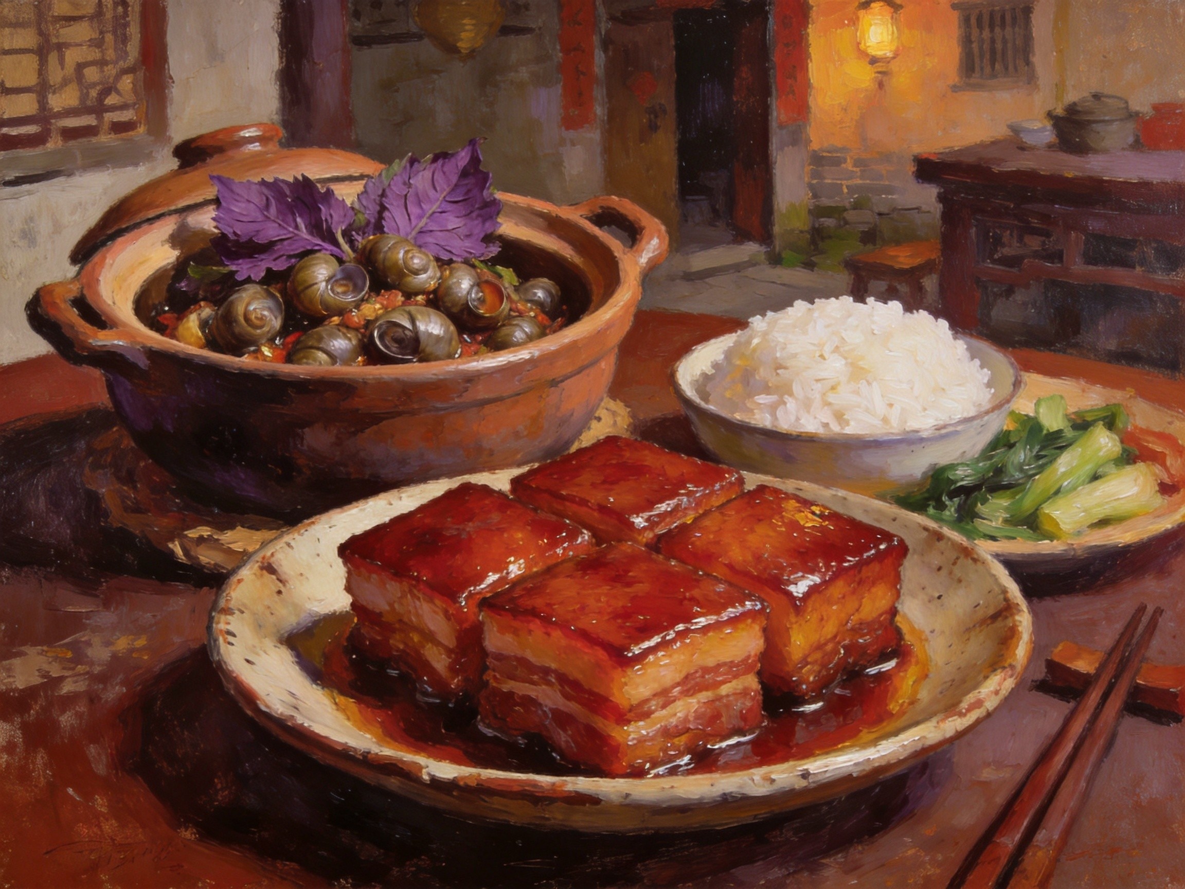 吕田焖大肉与山坑螺美食