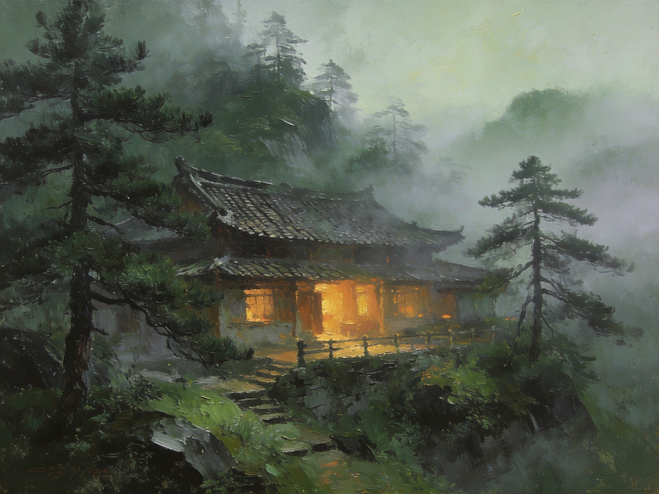 大崎山晨雾中的农家民宿