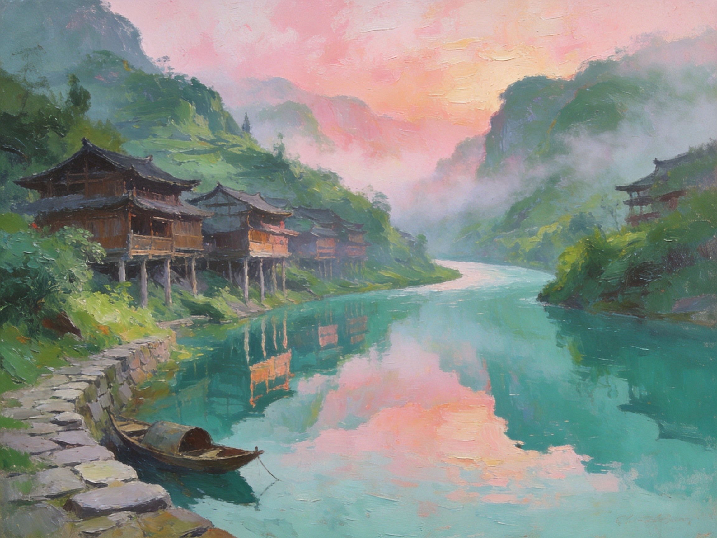 酉水河畔吊脚楼晨雾
