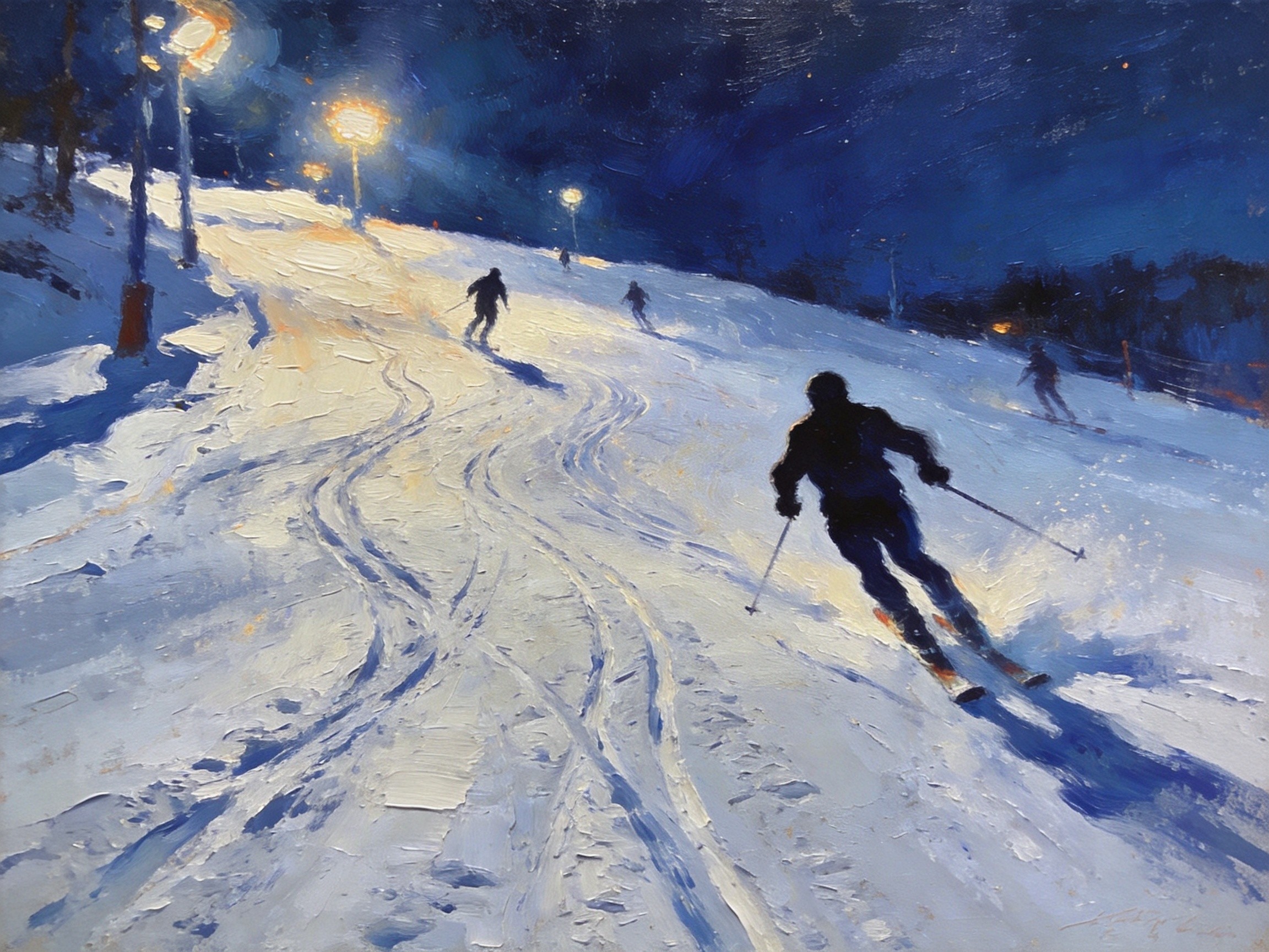 雪道夜场灯火通明