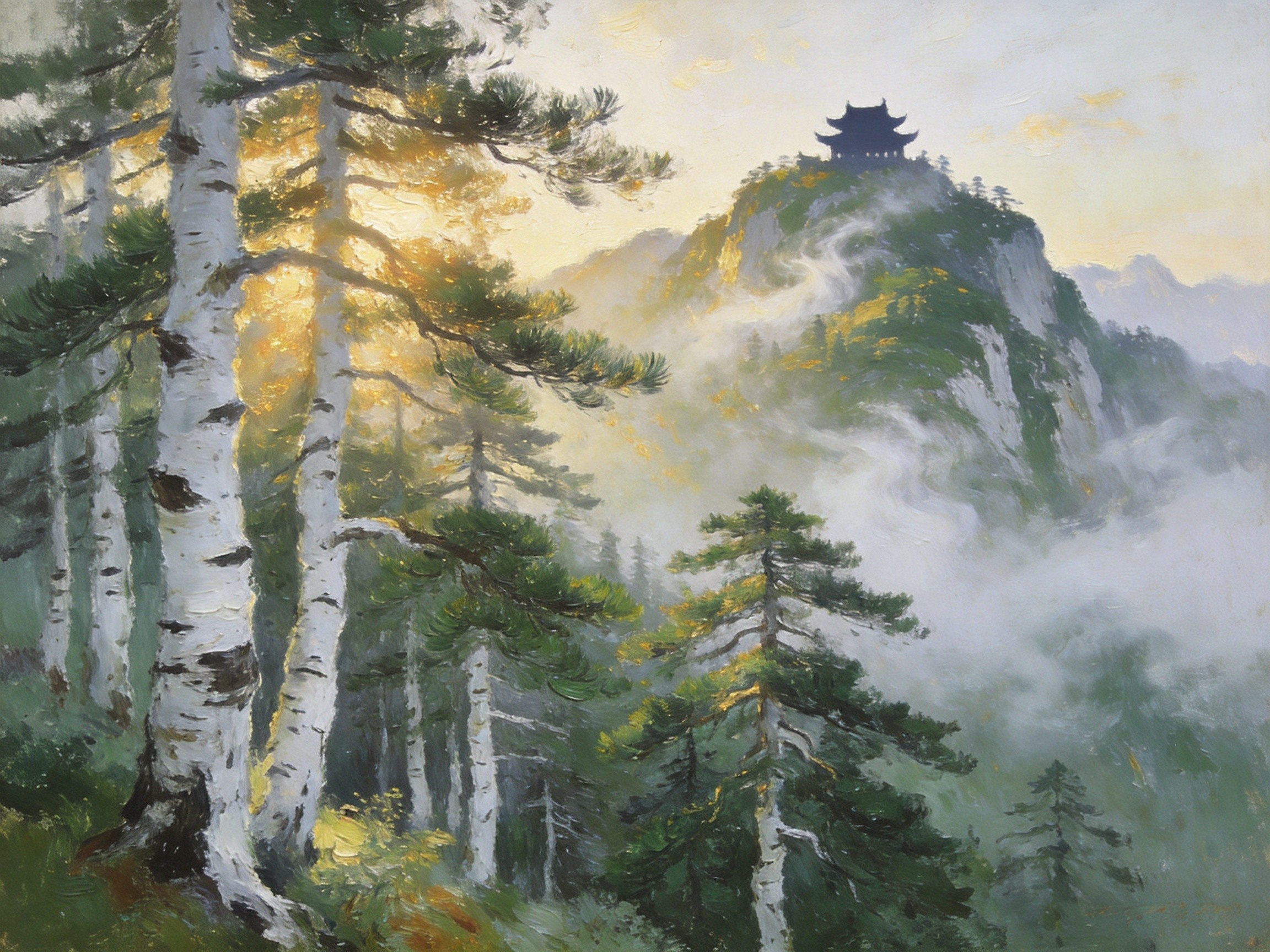 午子山白皮松林云雾中泛青白光芒