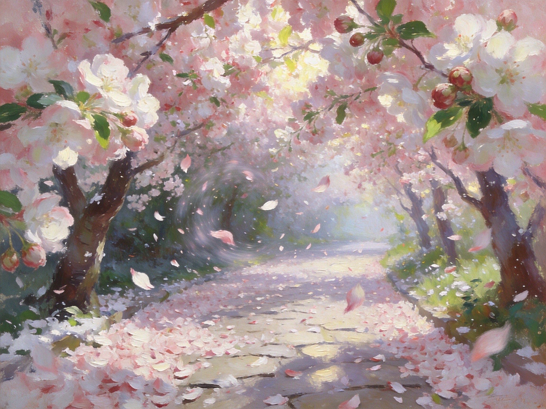 海棠花落叶小径