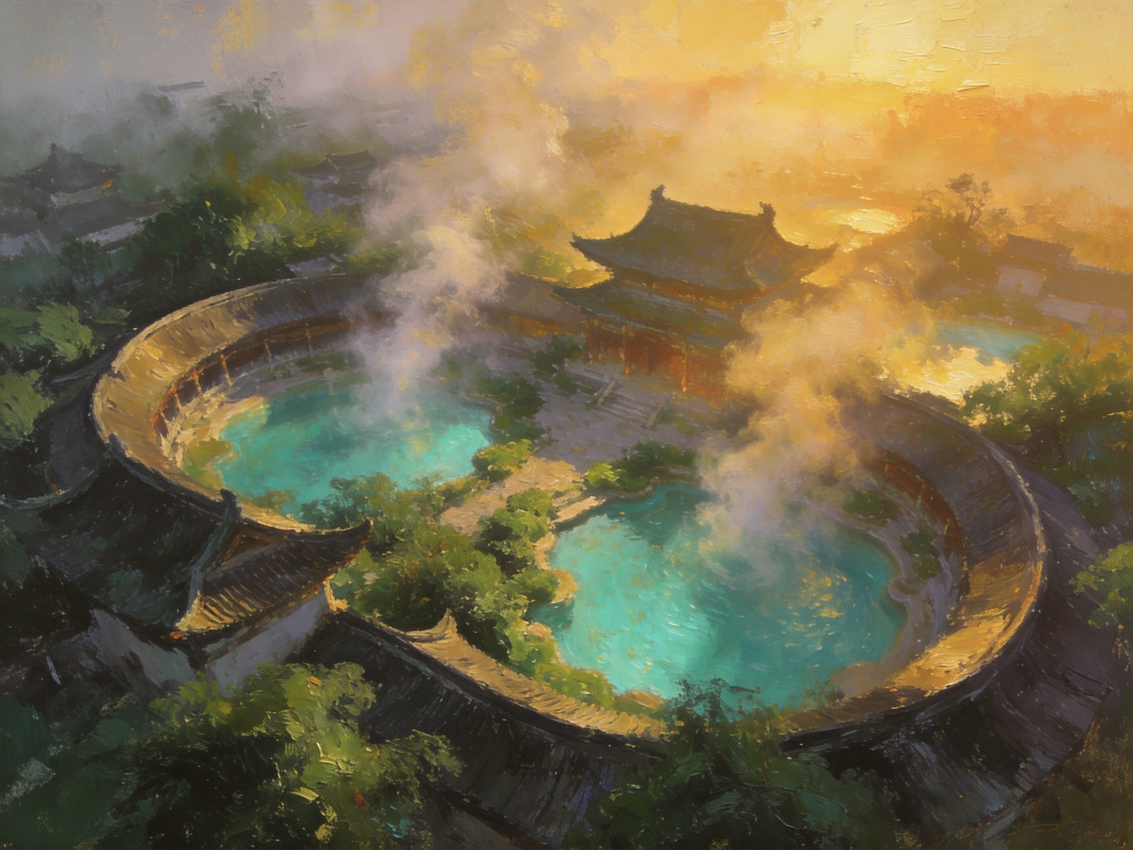 汤池温泉晨雾蒸腾