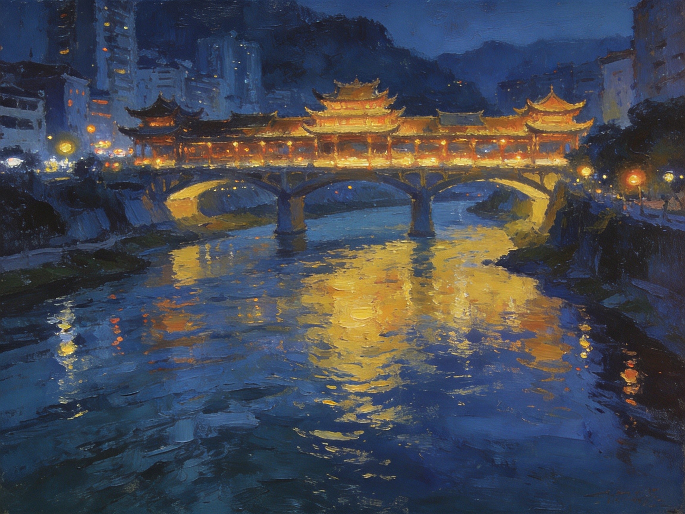 恩施清江夜景，风雨桥上听溪声