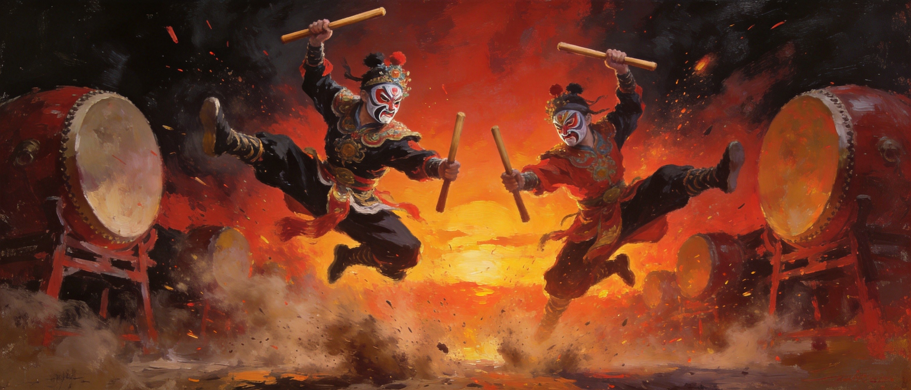 英歌舞者手持双槌的威武阵势