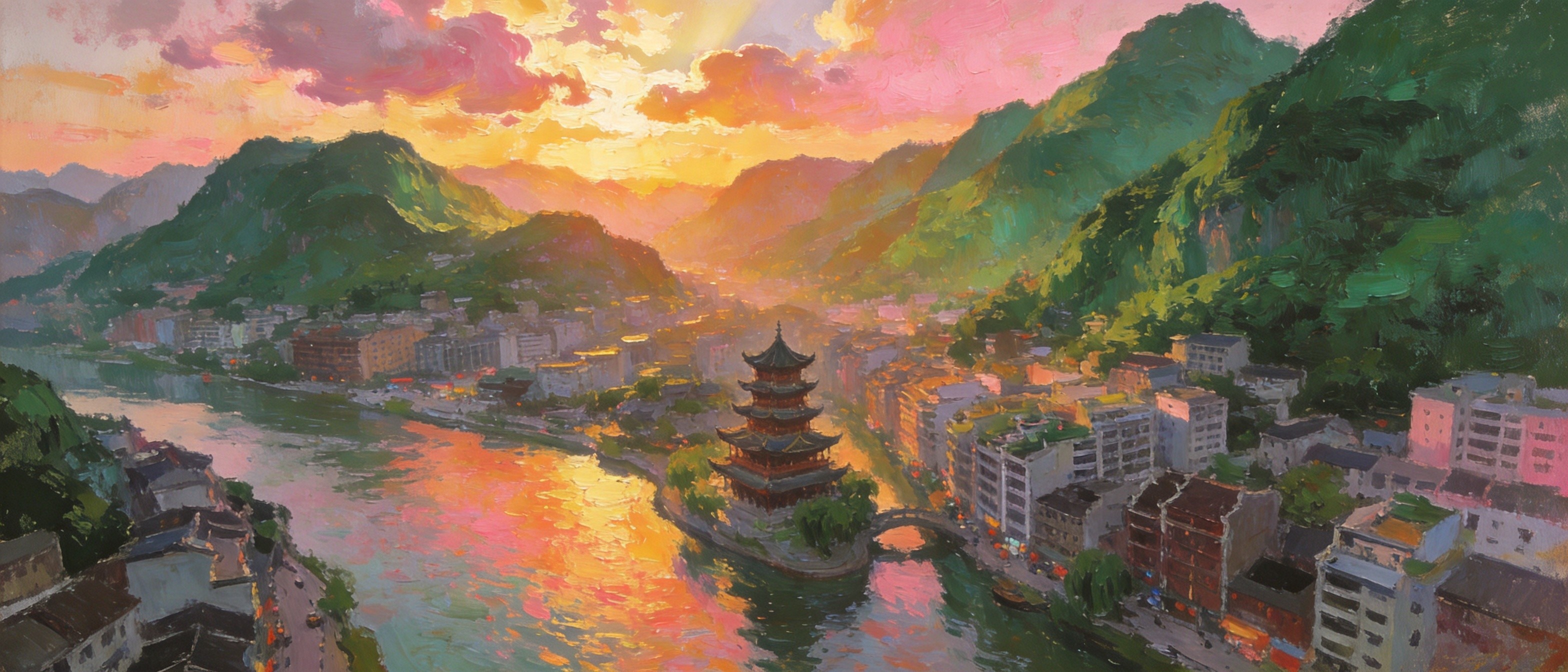 罗定山城的春日晨晖全景