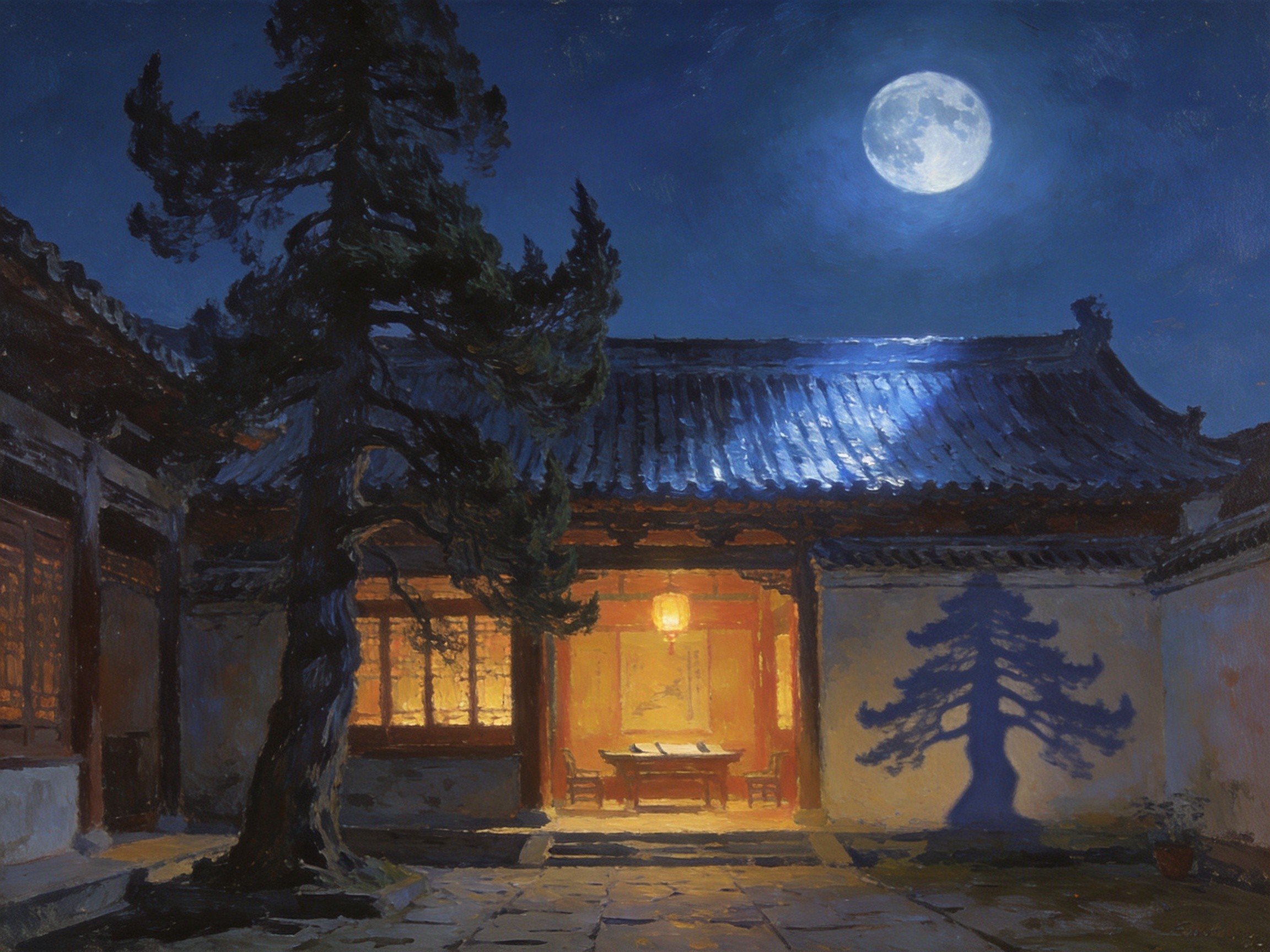 琼山月下书院灯光