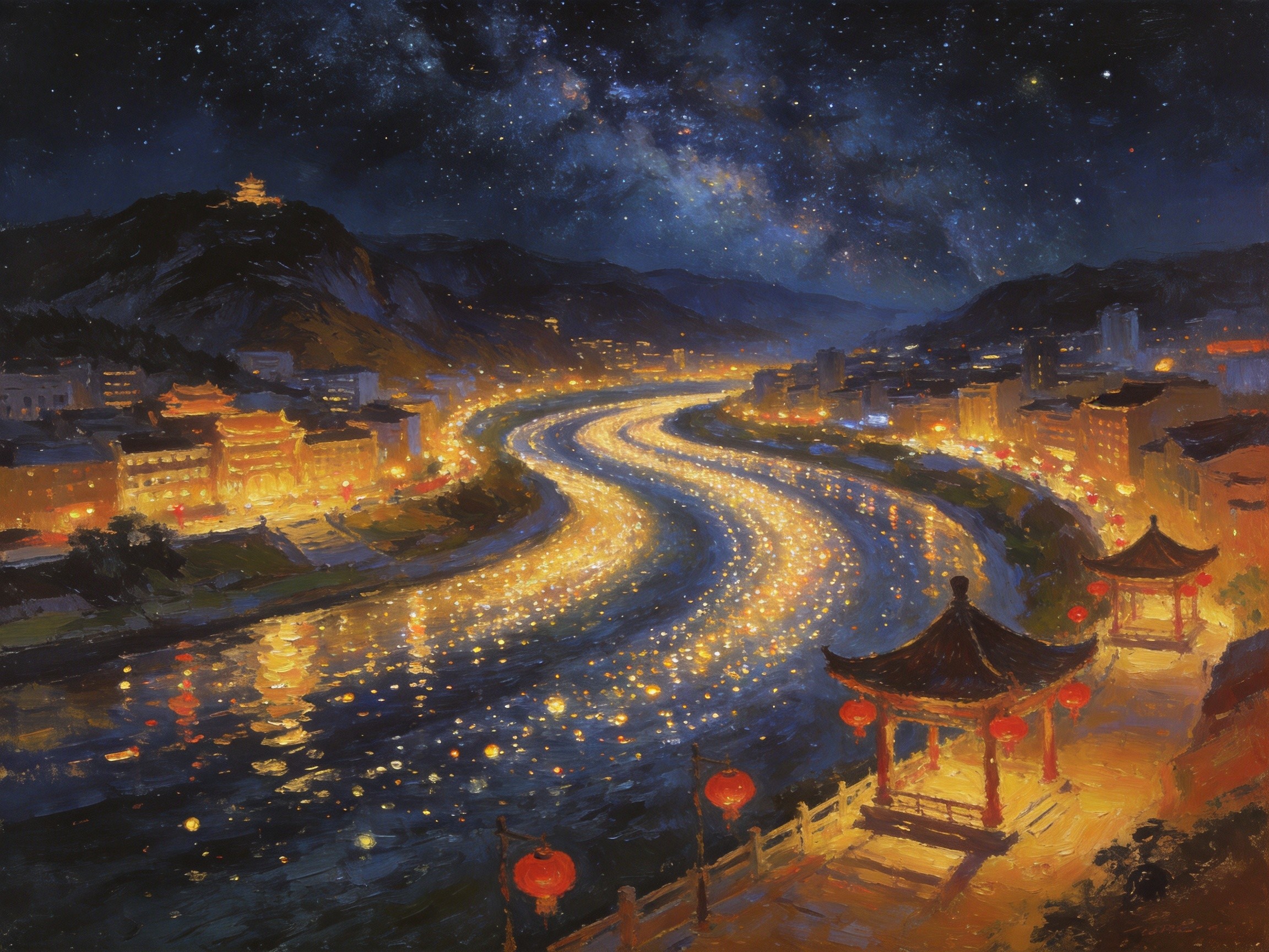 太极城夜景万家灯火倒映旬河的梦幻