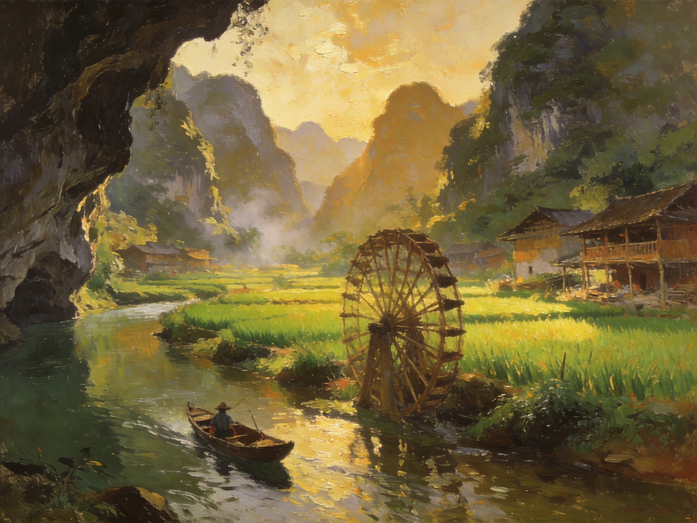 坝美村入口，巨大溶洞洞口隐于青山绿水间