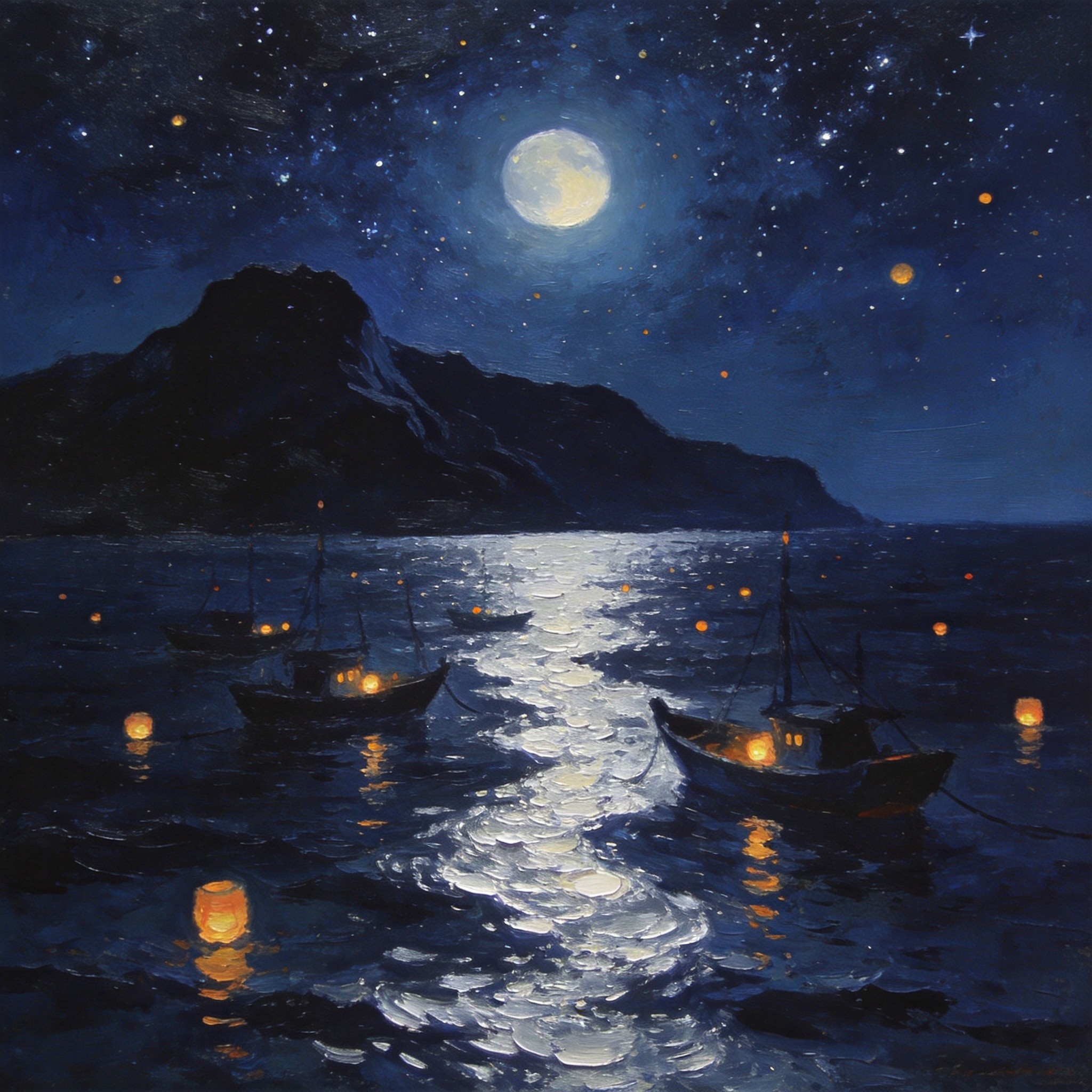双月湾月夜渔火与海面波光