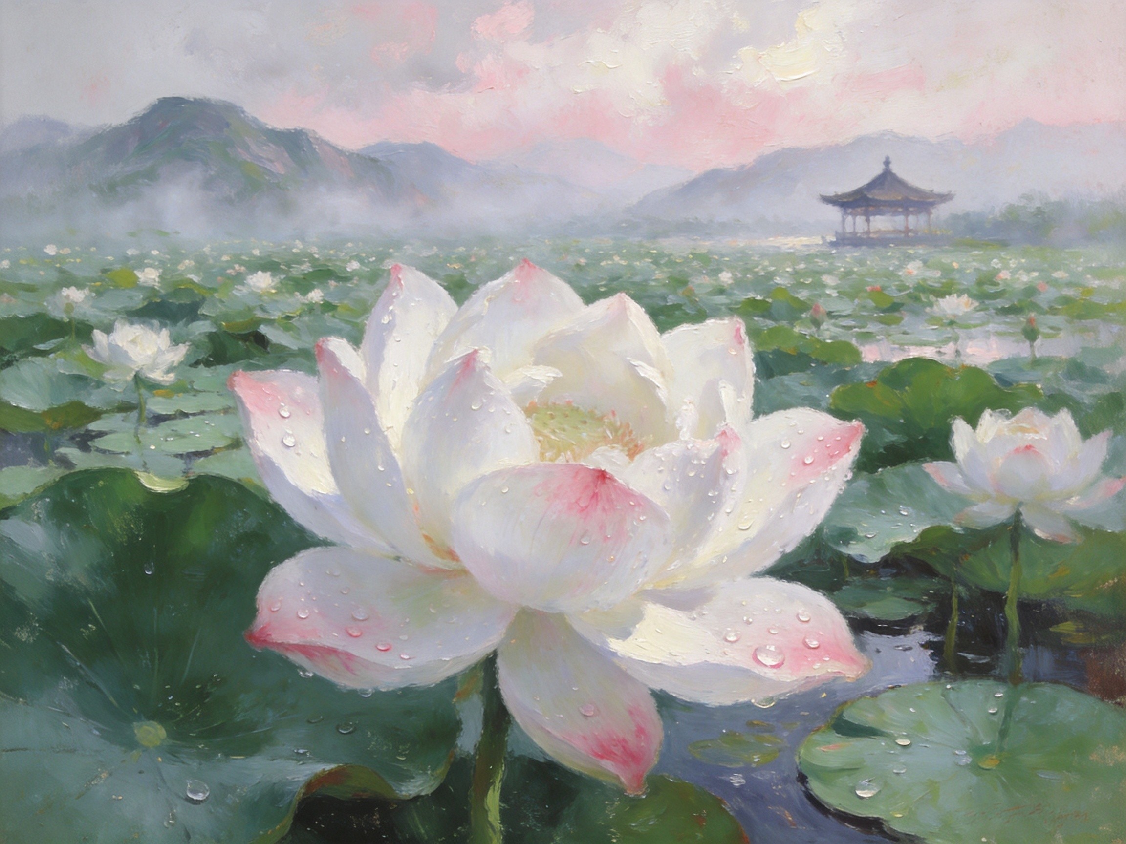 处州白莲荷塘清晨花开