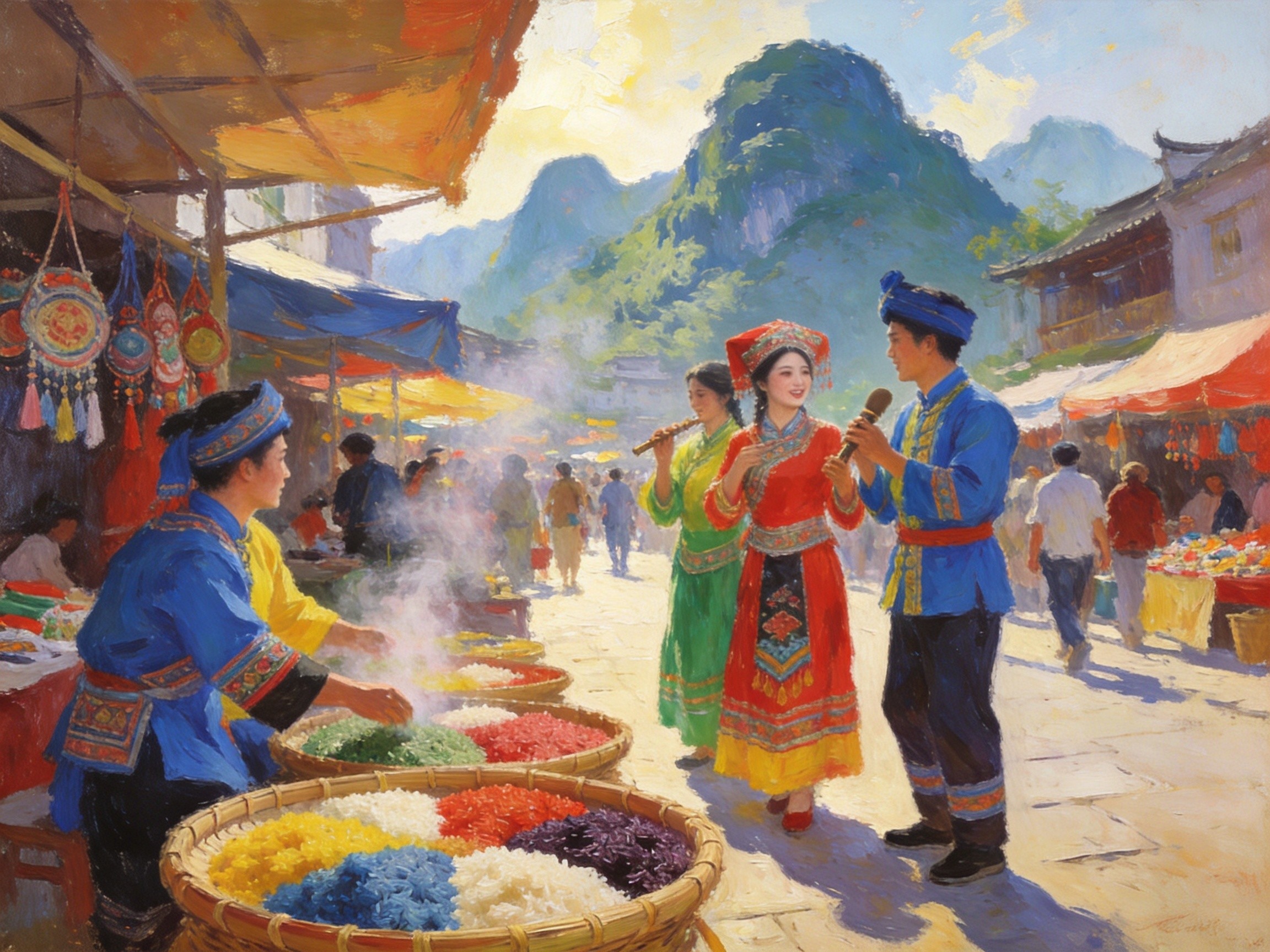 壮族三月三花街节，青年男女盛装对歌，五色糯米饭飘香